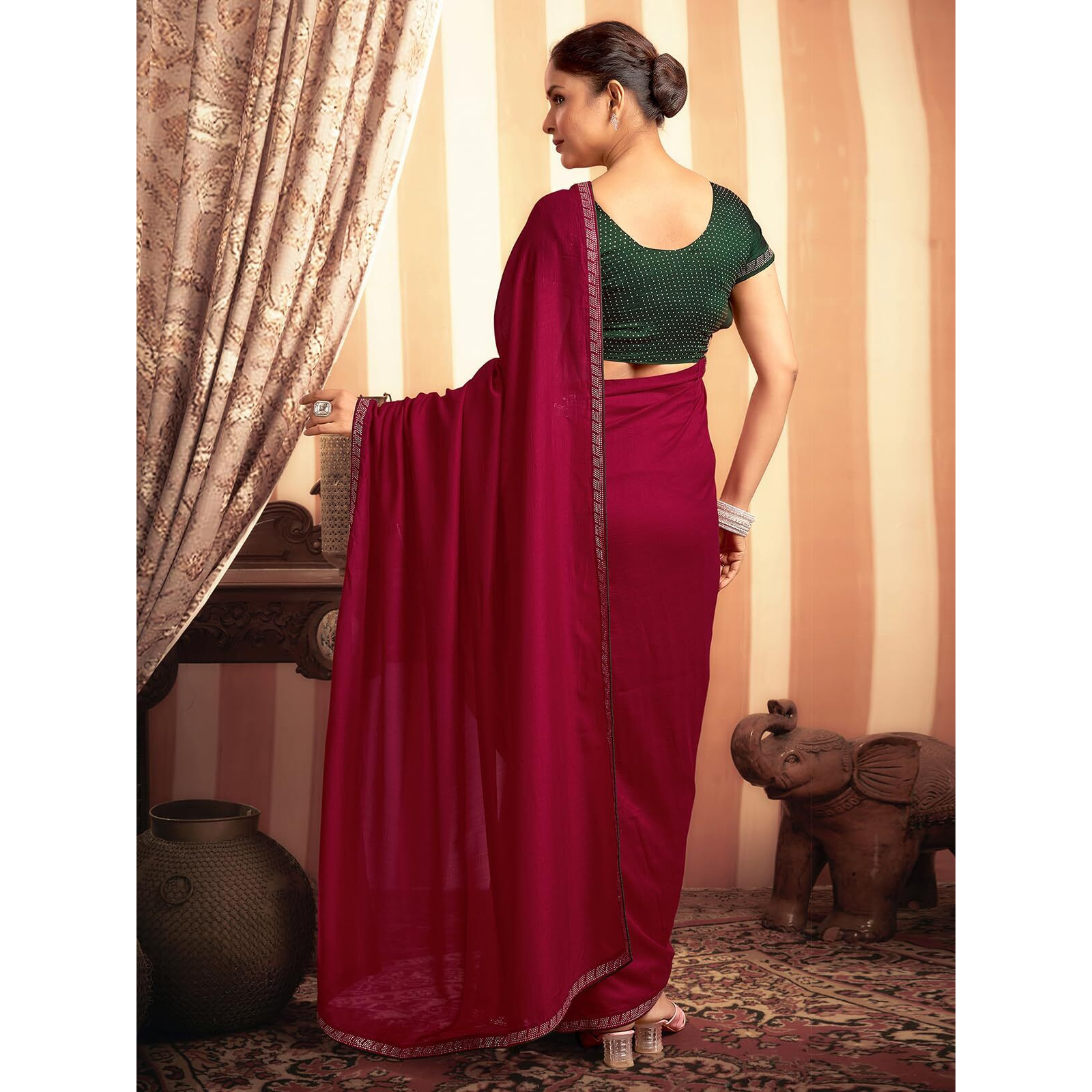Satrani Women's Vichitra Silk Stone Work And Piping Border Saree With Unstitched Blouse Piece (3916S512N_Cherry Red)