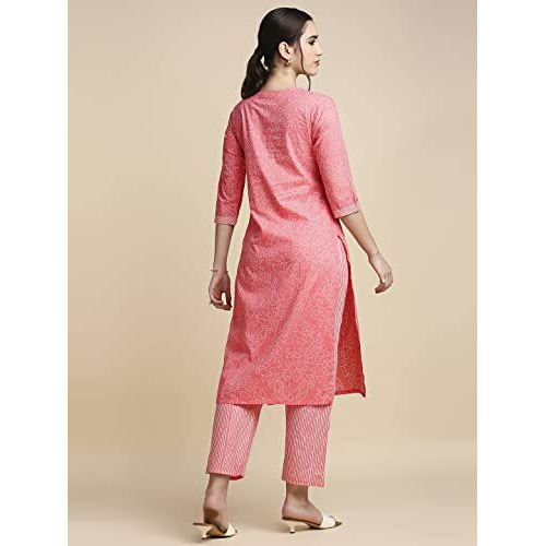 Anubhutee Women's Cotton Bandhani Printed Straight Kurta Suit Set With Pants Anu2001461_Xxl_Pink