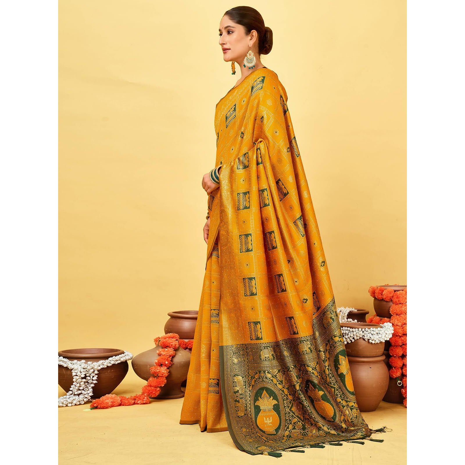 Satrani Women's Banarasi Silk Weaving Stone Work Saree With Unstitched Blouse Piece (4245S6698N_Yellow)