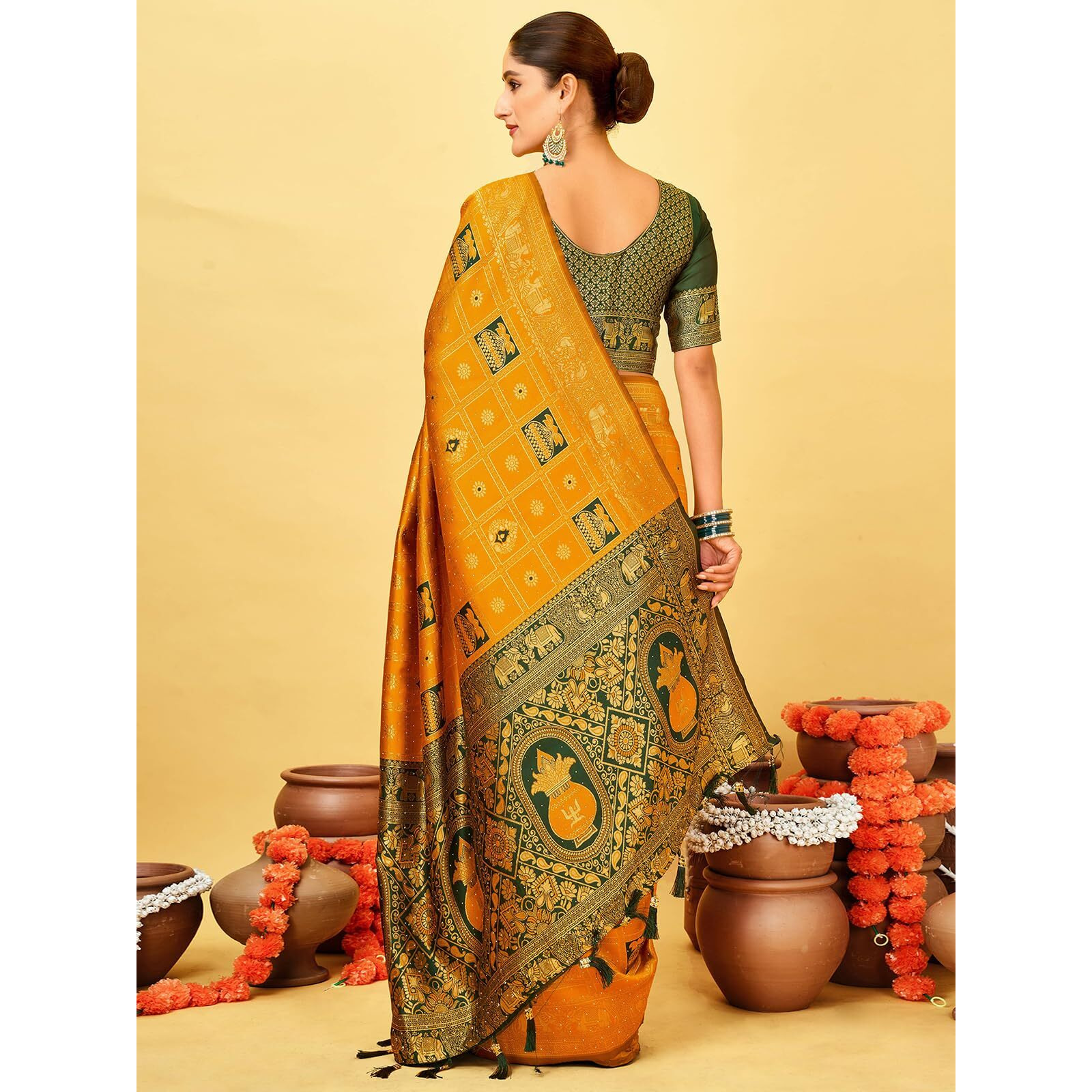 Satrani Women's Banarasi Silk Weaving Stone Work Saree With Unstitched Blouse Piece (4245S6698N_Yellow)