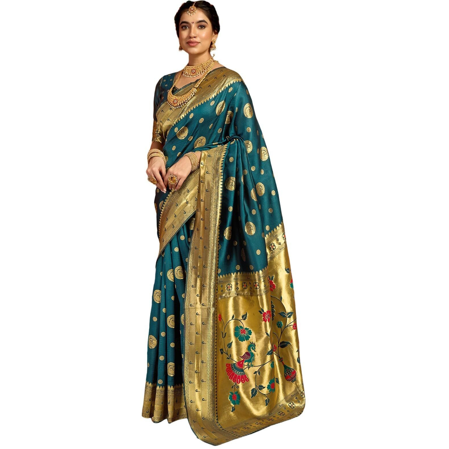 Satrani Women's Silk Paithani Jacquard Saree With Unstitched Blouse Piece (4052S6363N_Dark Rama Blue2)