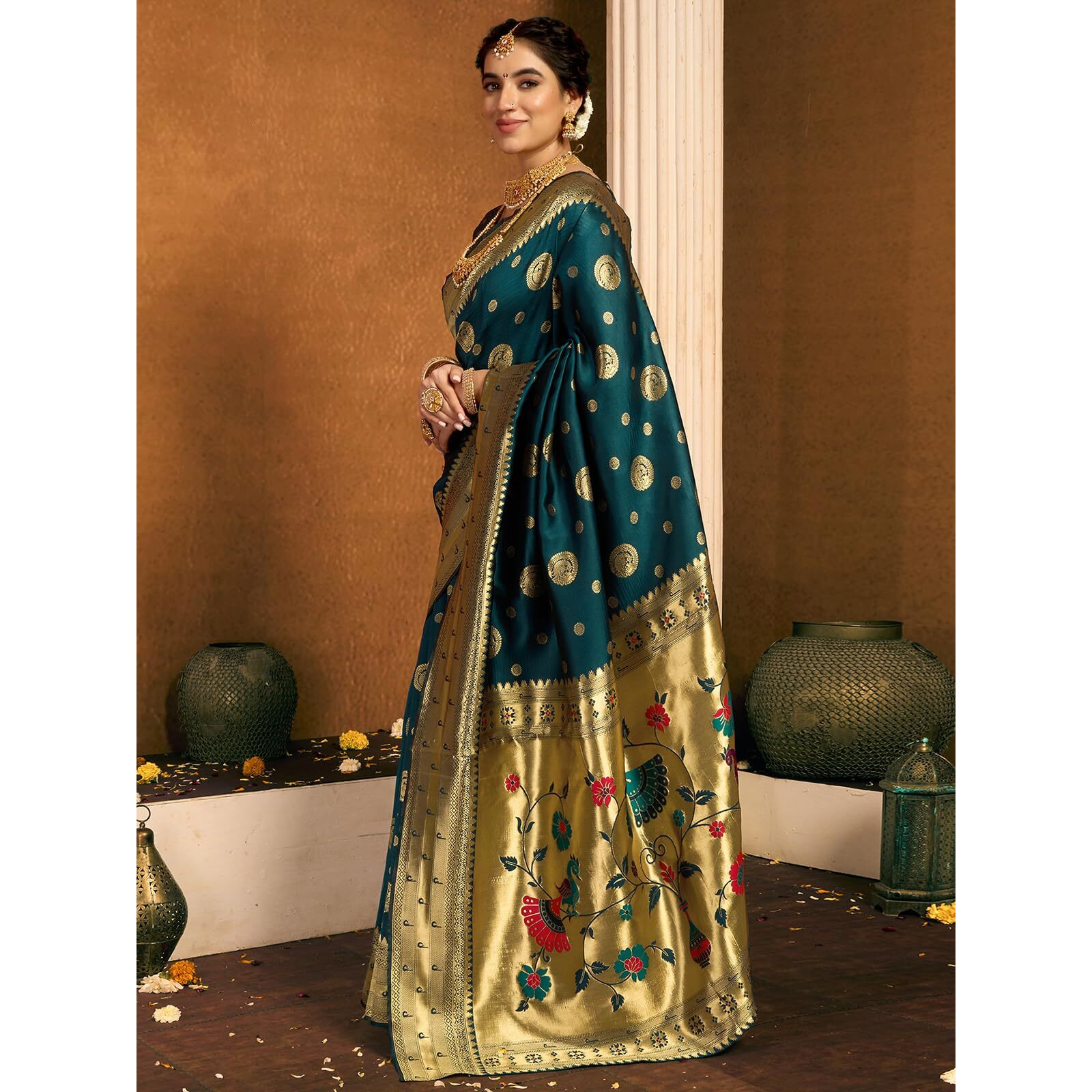 Satrani Women's Silk Paithani Jacquard Saree With Unstitched Blouse Piece (4052S6363N_Dark Rama Blue2)