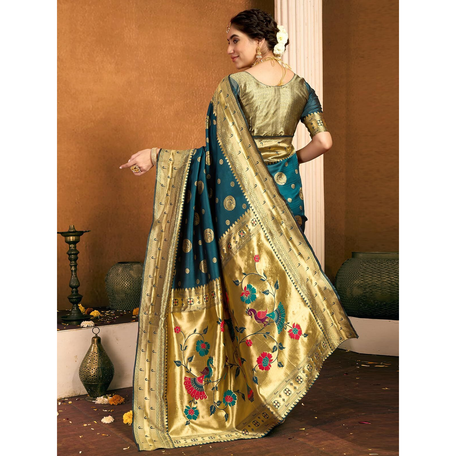 Satrani Women's Silk Paithani Jacquard Saree With Unstitched Blouse Piece (4052S6363N_Dark Rama Blue2)
