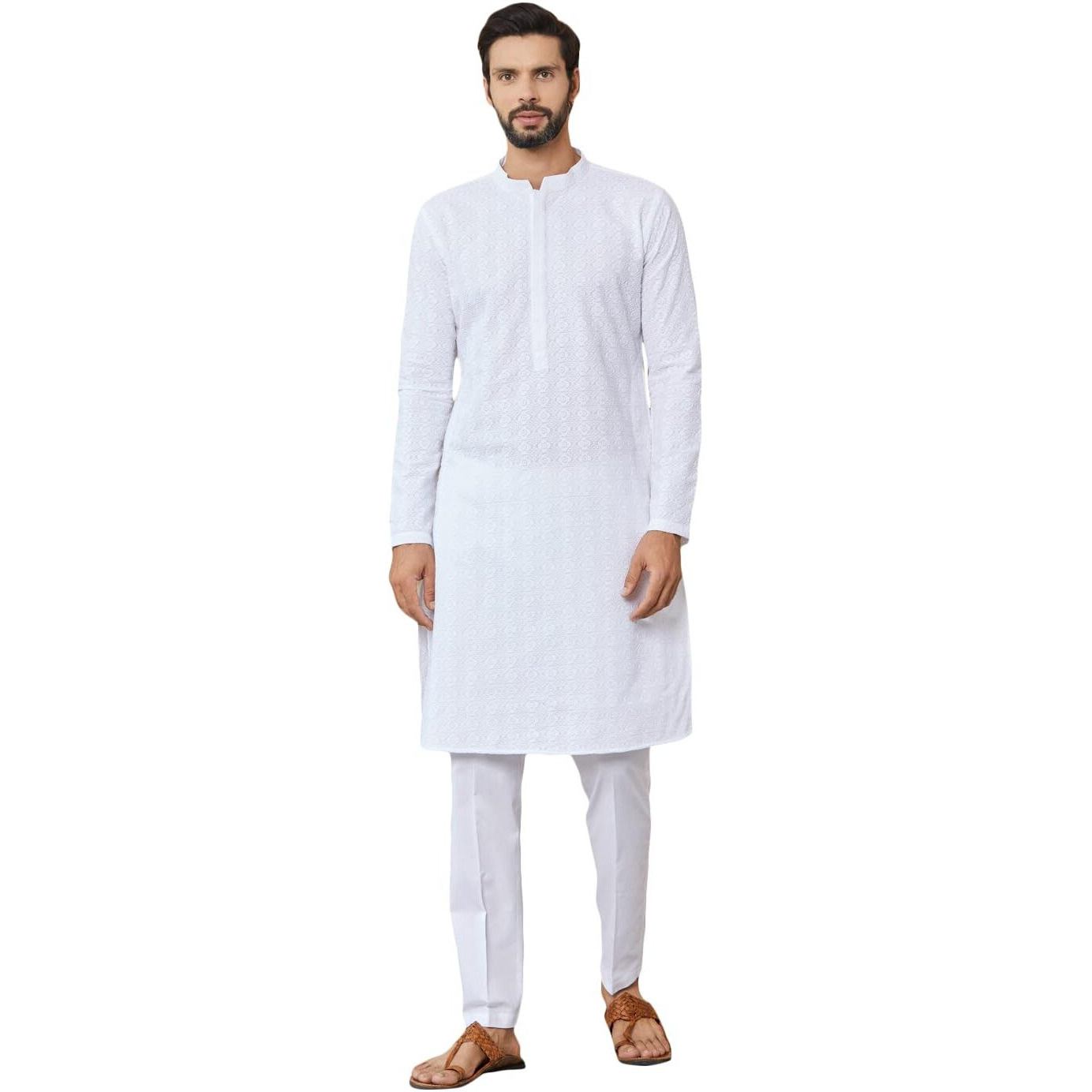 See Designs Men's Long Sleeve Mandarin Collar Side Slit White Embroidered Chikankari Pure Cotton Straight Kurta - Sdkt2559Xl