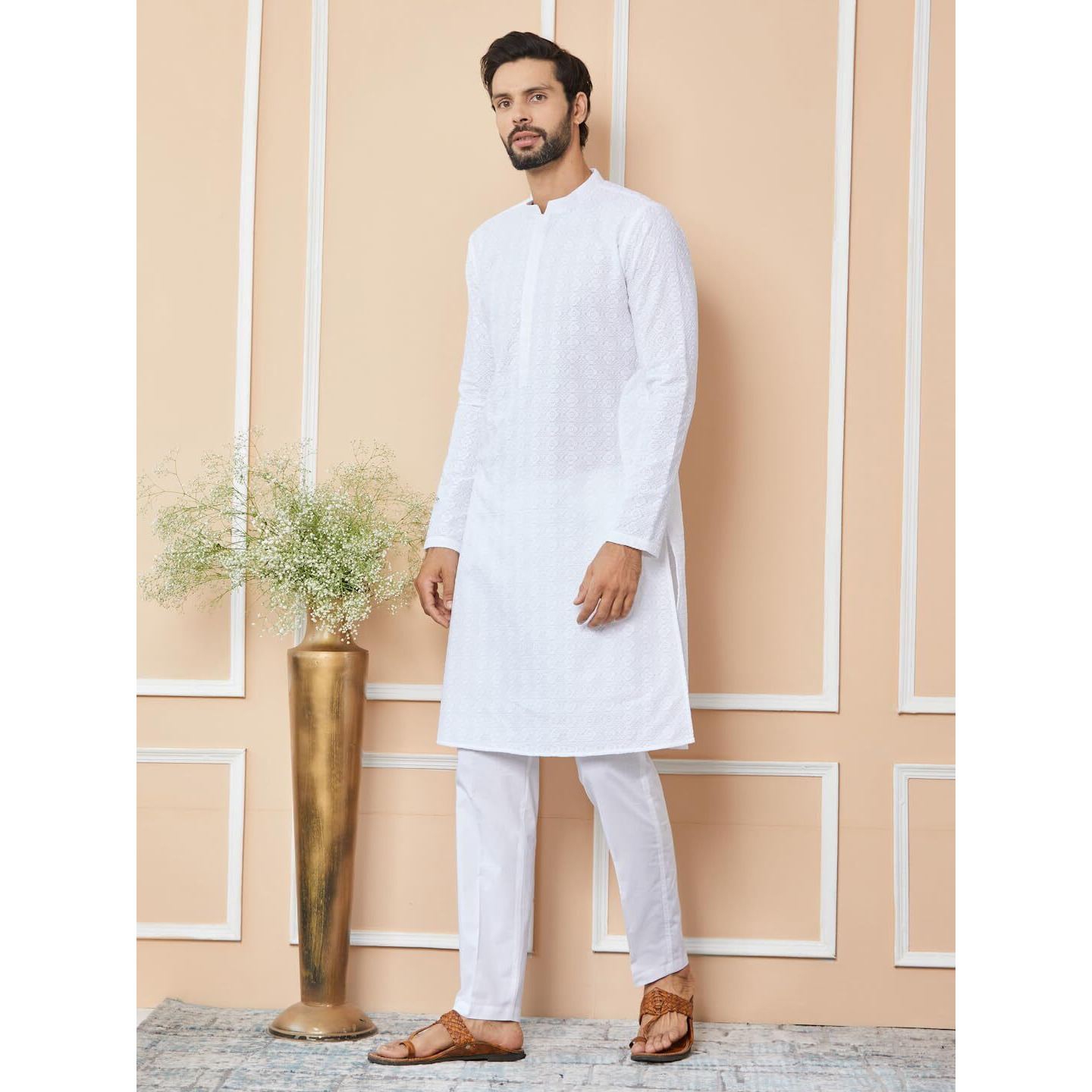 See Designs Men's Long Sleeve Mandarin Collar Side Slit White Embroidered Chikankari Pure Cotton Straight Kurta - Sdkt2559Xl