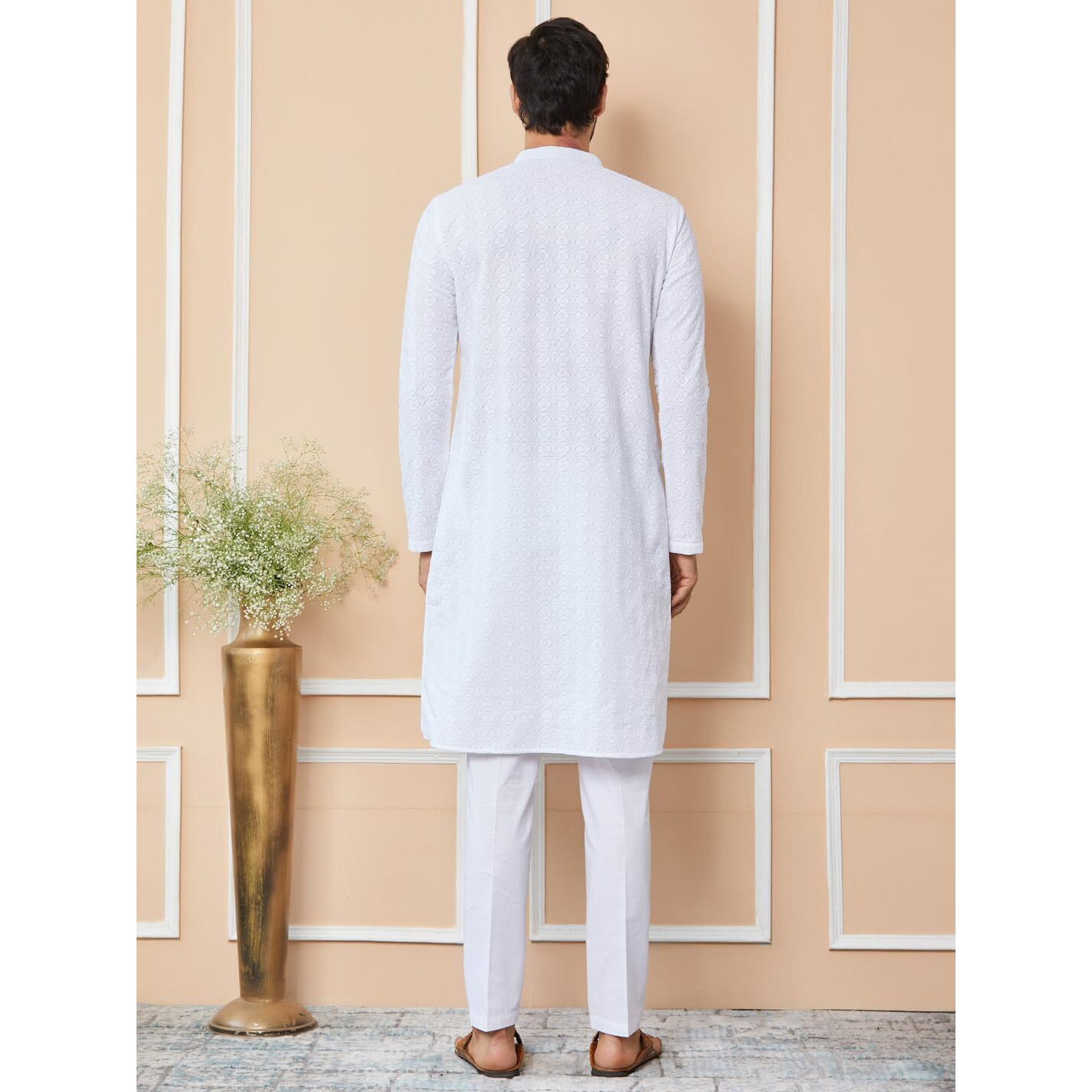 See Designs Men's Long Sleeve Mandarin Collar Side Slit White Embroidered Chikankari Pure Cotton Straight Kurta - Sdkt2559Xl