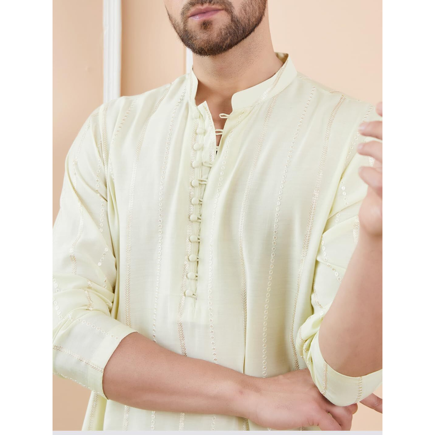 See Designs Men Full Sleeve Side Slit Cream And Gold Chanderi Silk Sequins Mandarin Collar Kurta - Sd2Kt_2431L