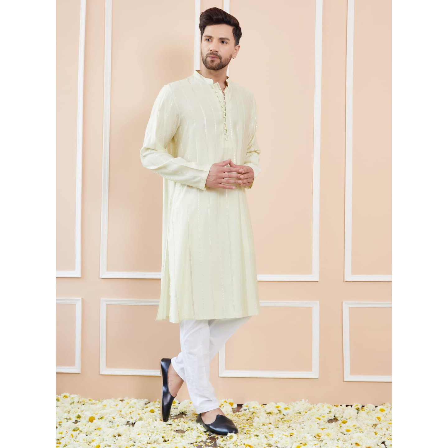 See Designs Men Full Sleeve Side Slit Cream And Gold Chanderi Silk Sequins Mandarin Collar Kurta - Sd2Kt_2431L