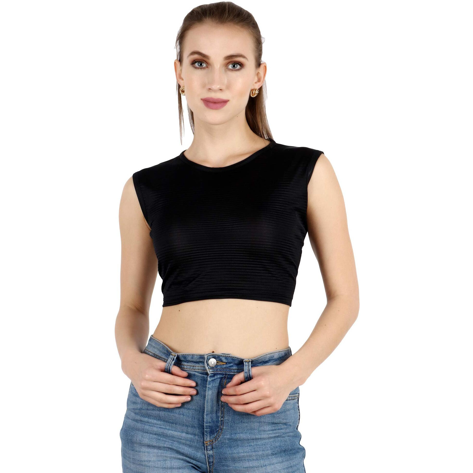 Popwings Women's Polyester Solid Sleeveless Blouse (Bpopt00792_Black_M)