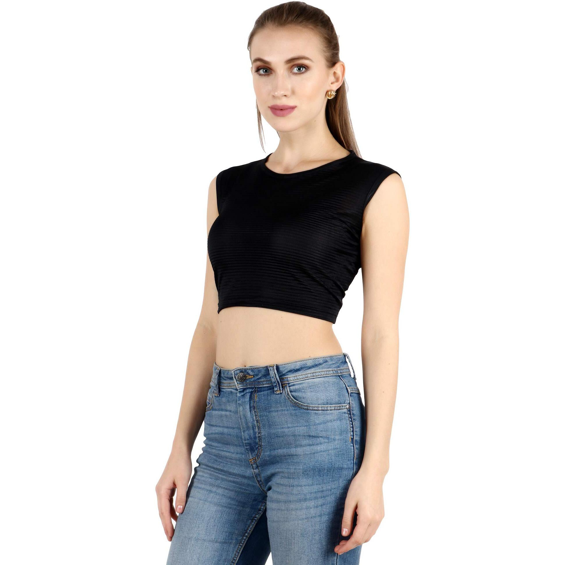 Popwings Women's Polyester Solid Sleeveless Blouse (Bpopt00792_Black_M)