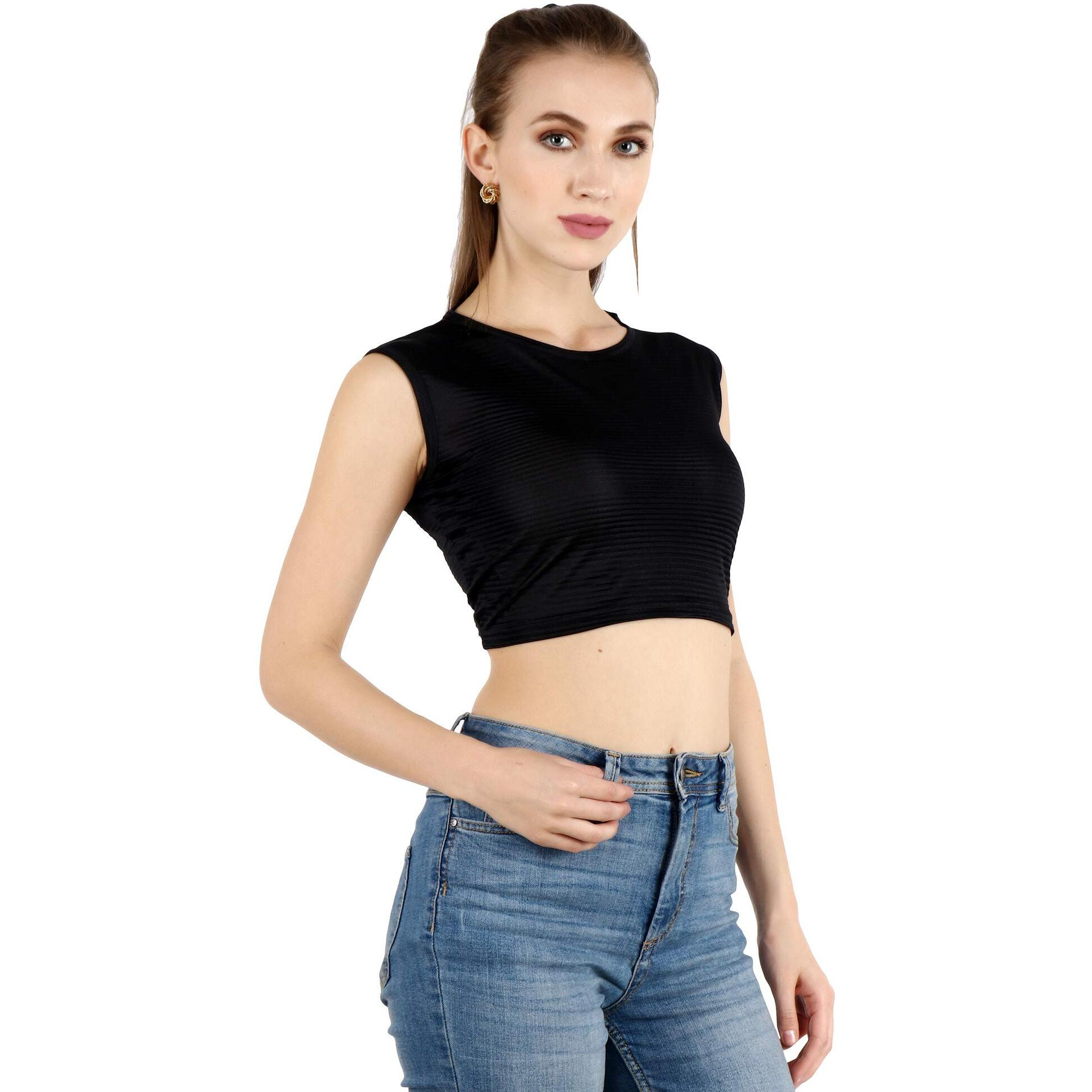 Popwings Women's Polyester Solid Sleeveless Blouse (Bpopt00792_Black_M)