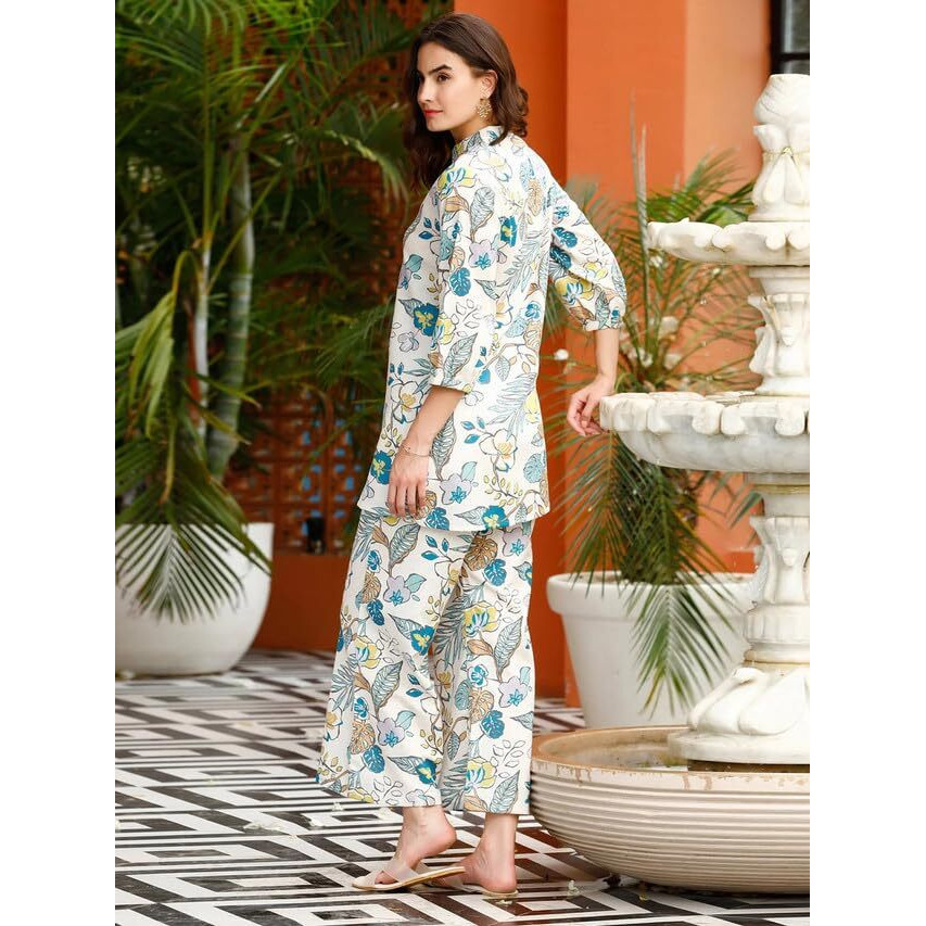 Selvia Women's 3/4 Sleeve Poly Rayon Henley Neck 2 Piece Co-Ords Set (582Ctk7923N-S_Off White & Multi)