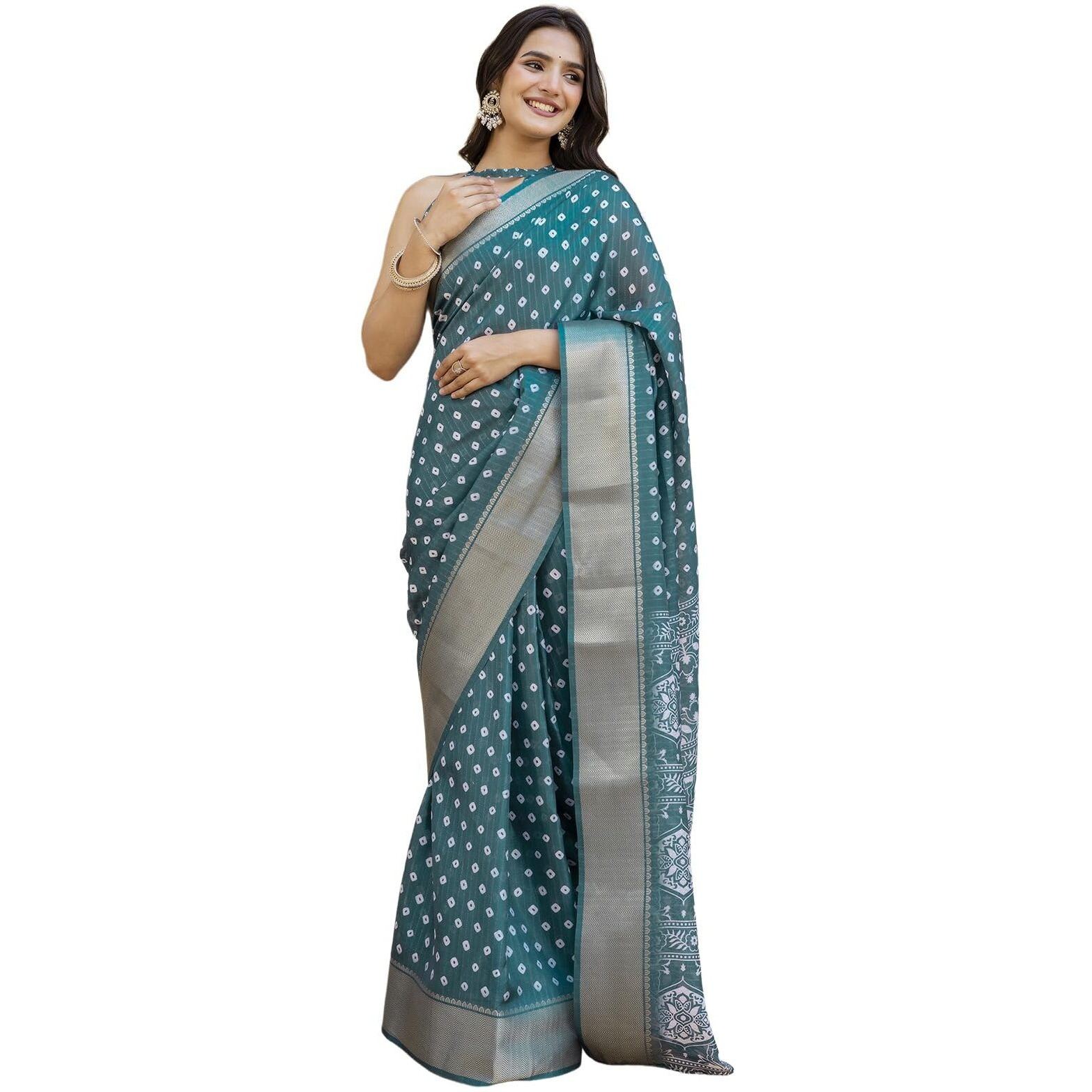 Satrani Women's Dola Silk Bandhani Printed & Woven Zari Stripe Ready To Wear Saree With Unstitched Blouse Piece (49Rs103_Dusty Rama Green)