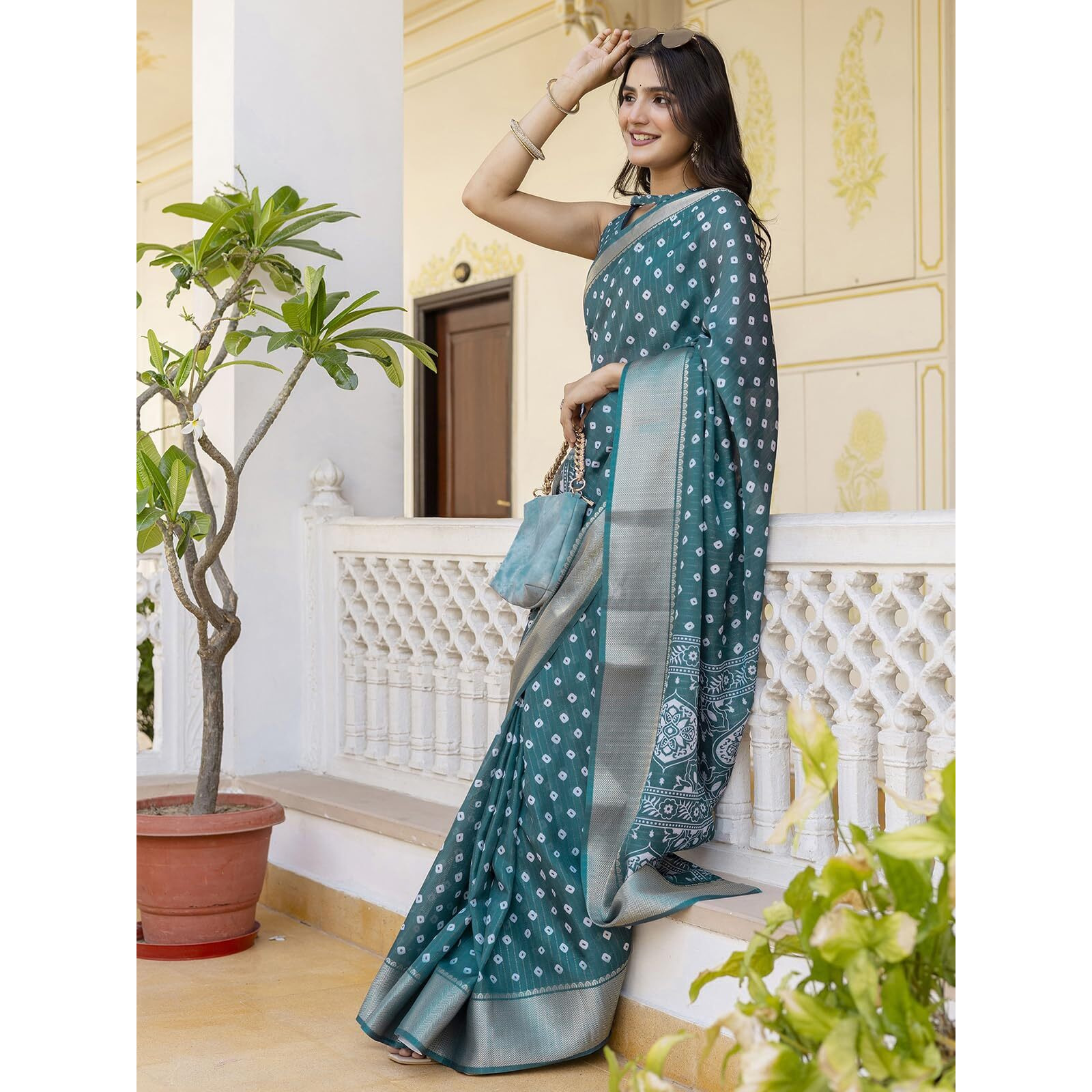 Satrani Women's Dola Silk Bandhani Printed & Woven Zari Stripe Ready To Wear Saree With Unstitched Blouse Piece (49Rs103_Dusty Rama Green)
