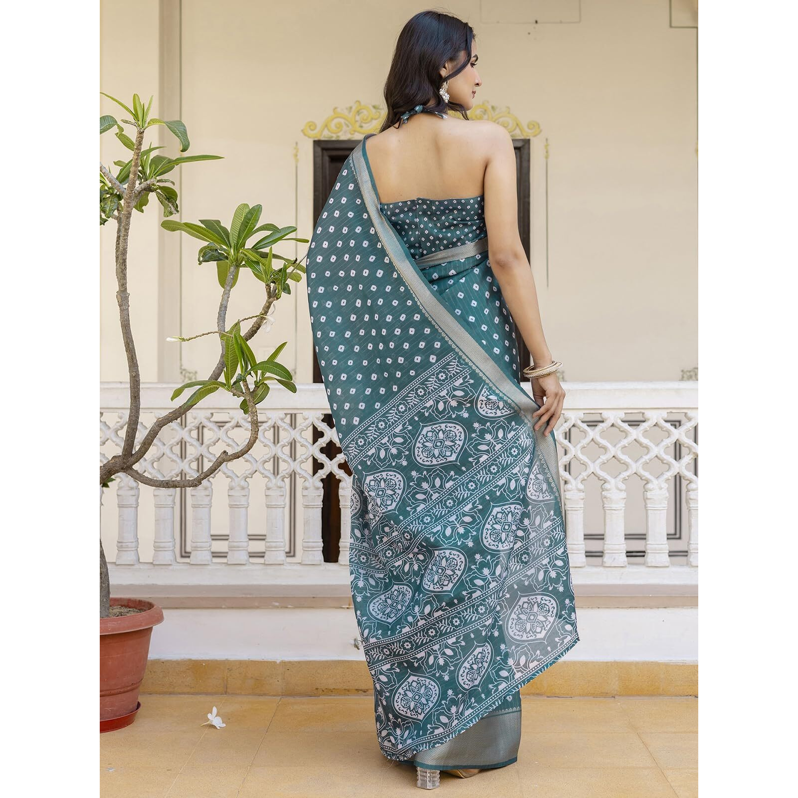 Satrani Women's Dola Silk Bandhani Printed & Woven Zari Stripe Ready To Wear Saree With Unstitched Blouse Piece (49Rs103_Dusty Rama Green)