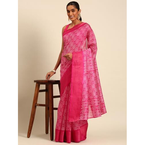 Shiv Textiles Poly Cotton Bandhani Floral Print Saree For Women With Unstitched Blouse (St-10731-Pink)