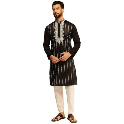 Sojanya (Since 1958 Men's Cotton Silk Elegant Neck Embroidered Black Kurta With White Pyjama