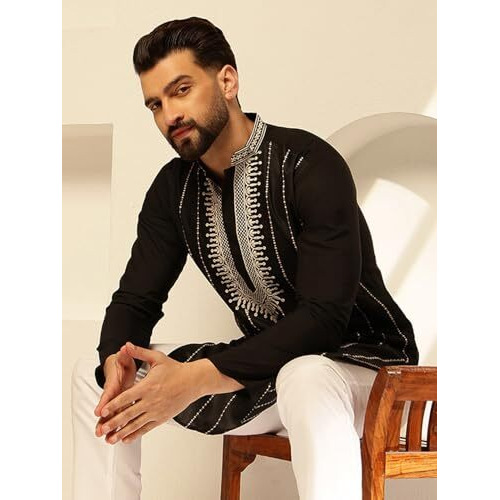 Sojanya (Since 1958 Men's Cotton Silk Elegant Neck Embroidered Black Kurta With White Pyjama
