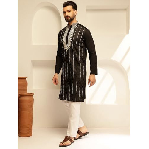 Sojanya (Since 1958 Men's Cotton Silk Elegant Neck Embroidered Black Kurta With White Pyjama