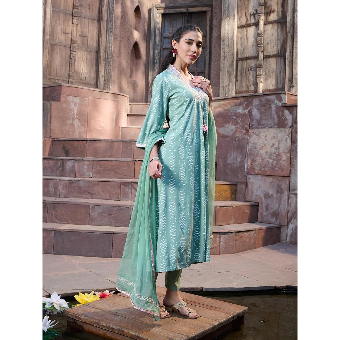 Stylum Women's Printed & Embroidered A-Line Kurta Pant Dupatta Set (Kpdgreenrich42_Green, Xl)