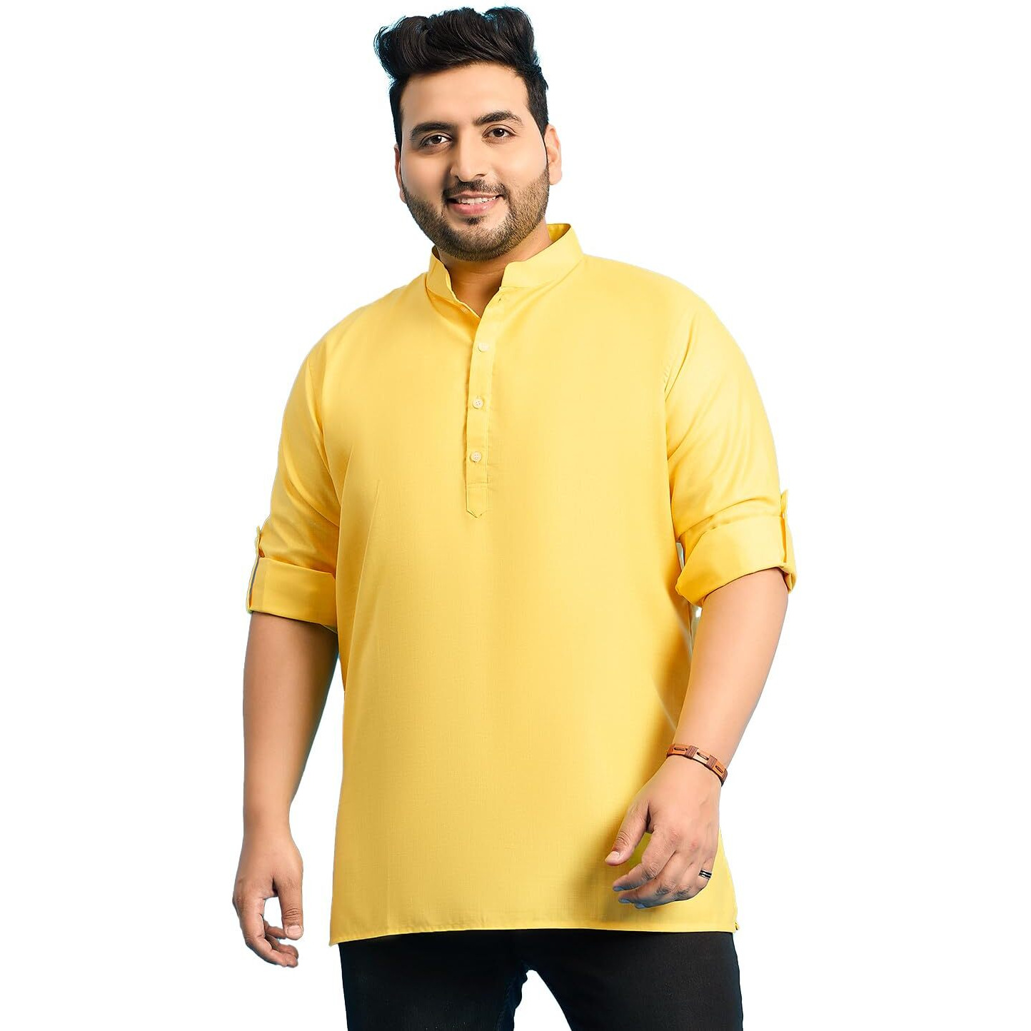Bigbanana Plus Size Men's Regular Fit Solid Short Kurta (Pollan-Yellow,Yellow,4Xl)