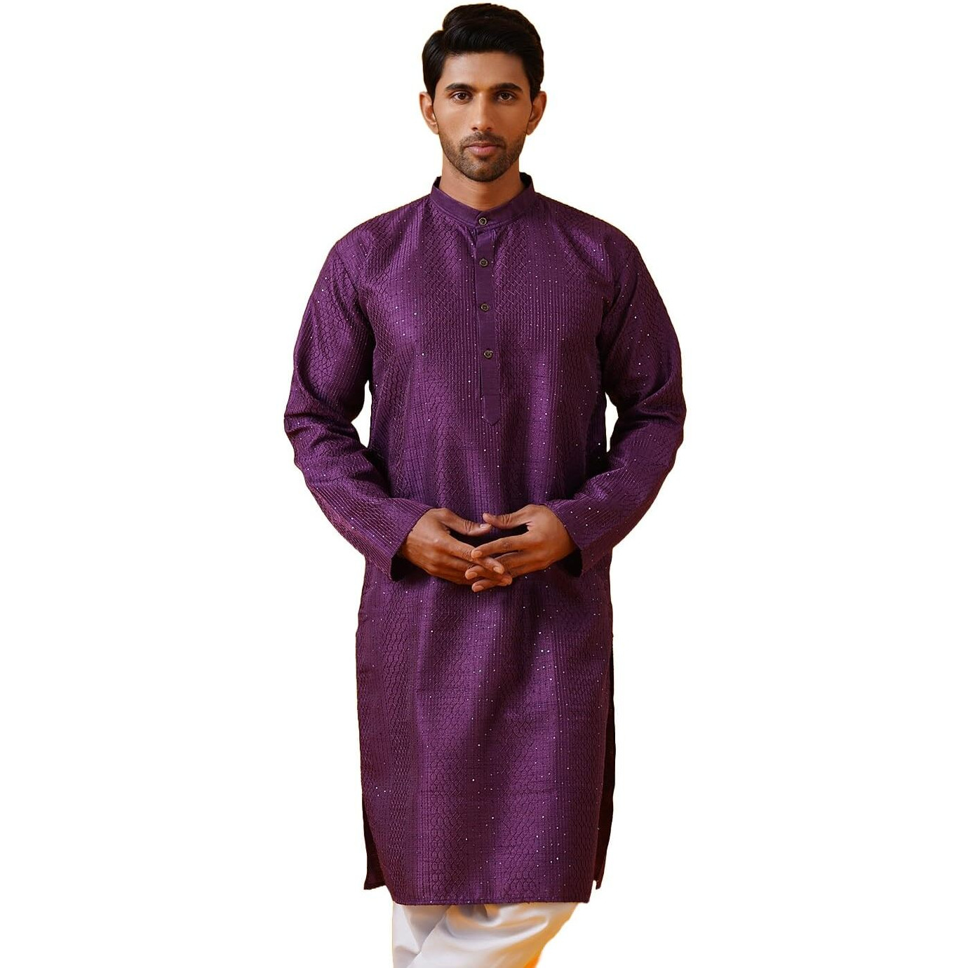 Sojanya (Since 1958 Men's Silk Bend Krochet Thread Embroidered Violet Long Kurta