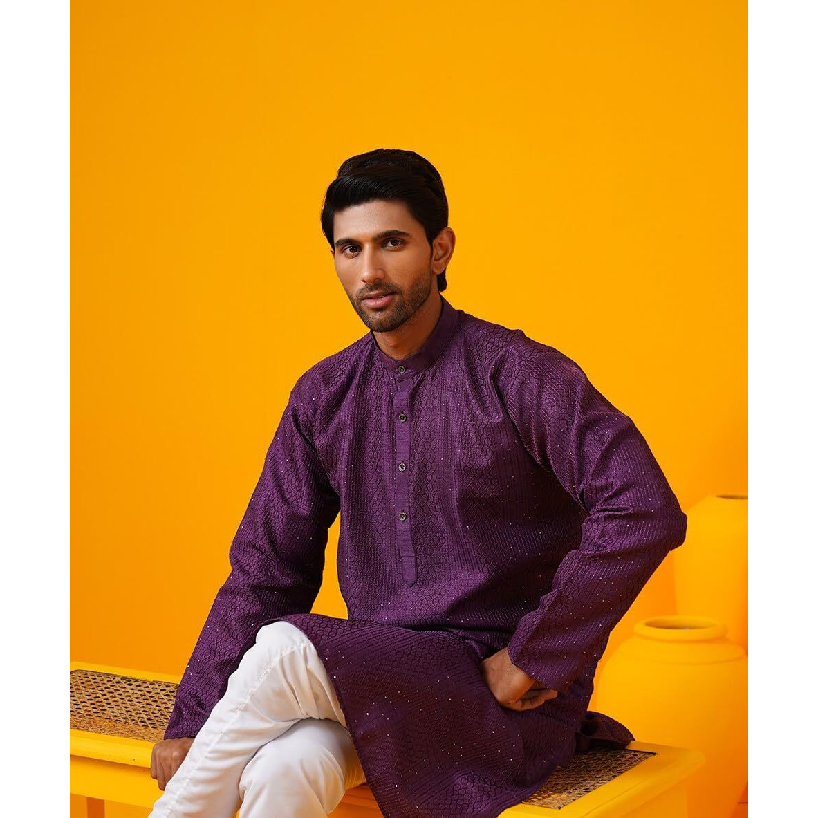 Sojanya (Since 1958 Men's Silk Bend Krochet Thread Embroidered Violet Long Kurta