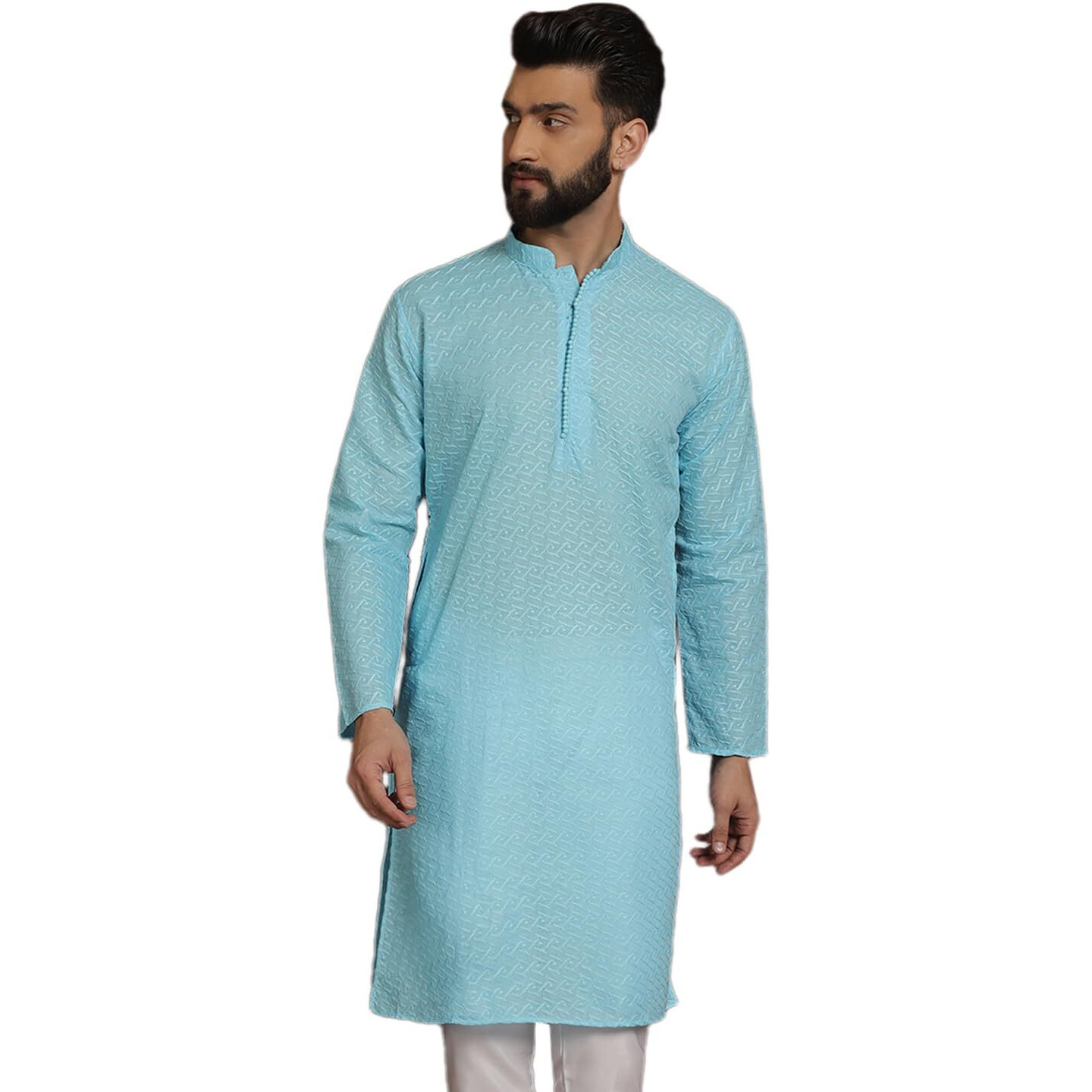 Sojanya (Since 1958 Ethnic Motifs Embroidered Thread Work Pure Cotton Sky Blue Straight Only Kurta