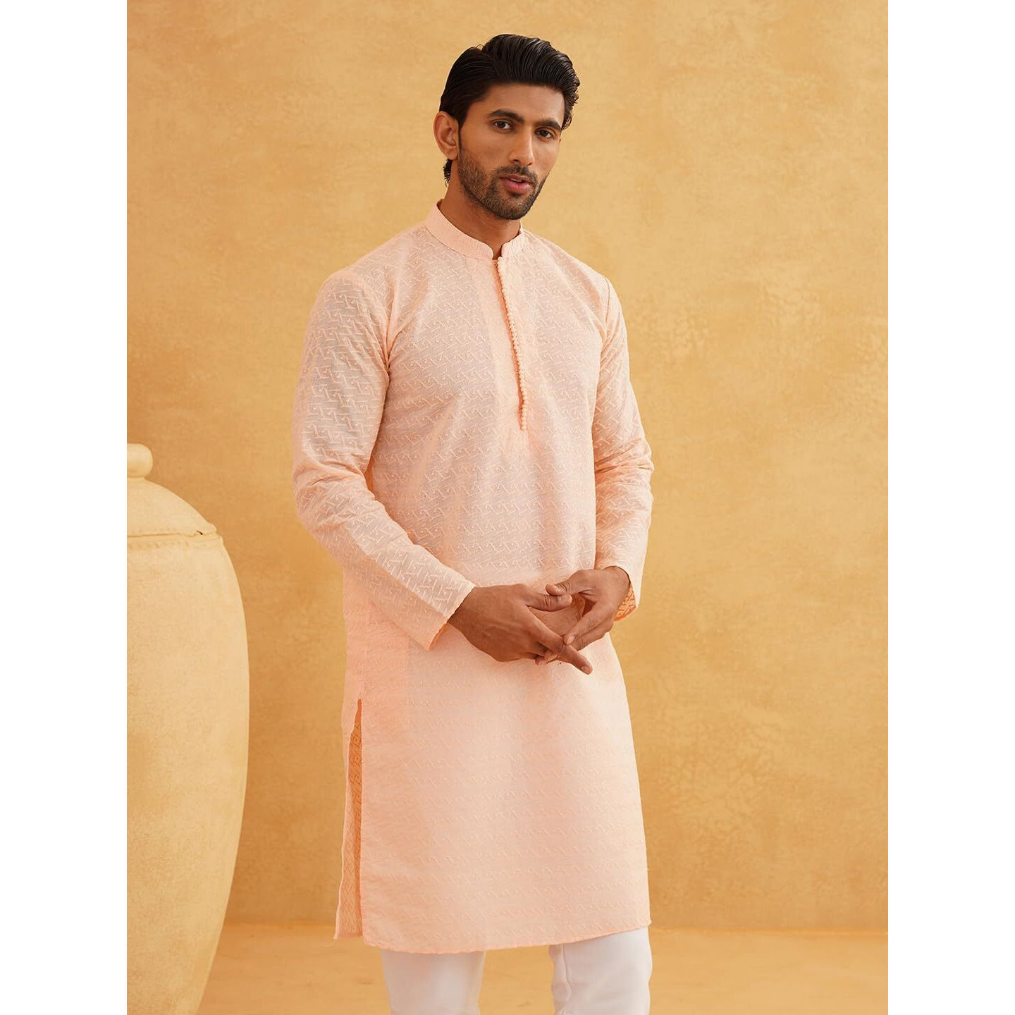 Sojanya (Since 1958 Festive Heritage Elegant Chikankari Peach Kurta For Men