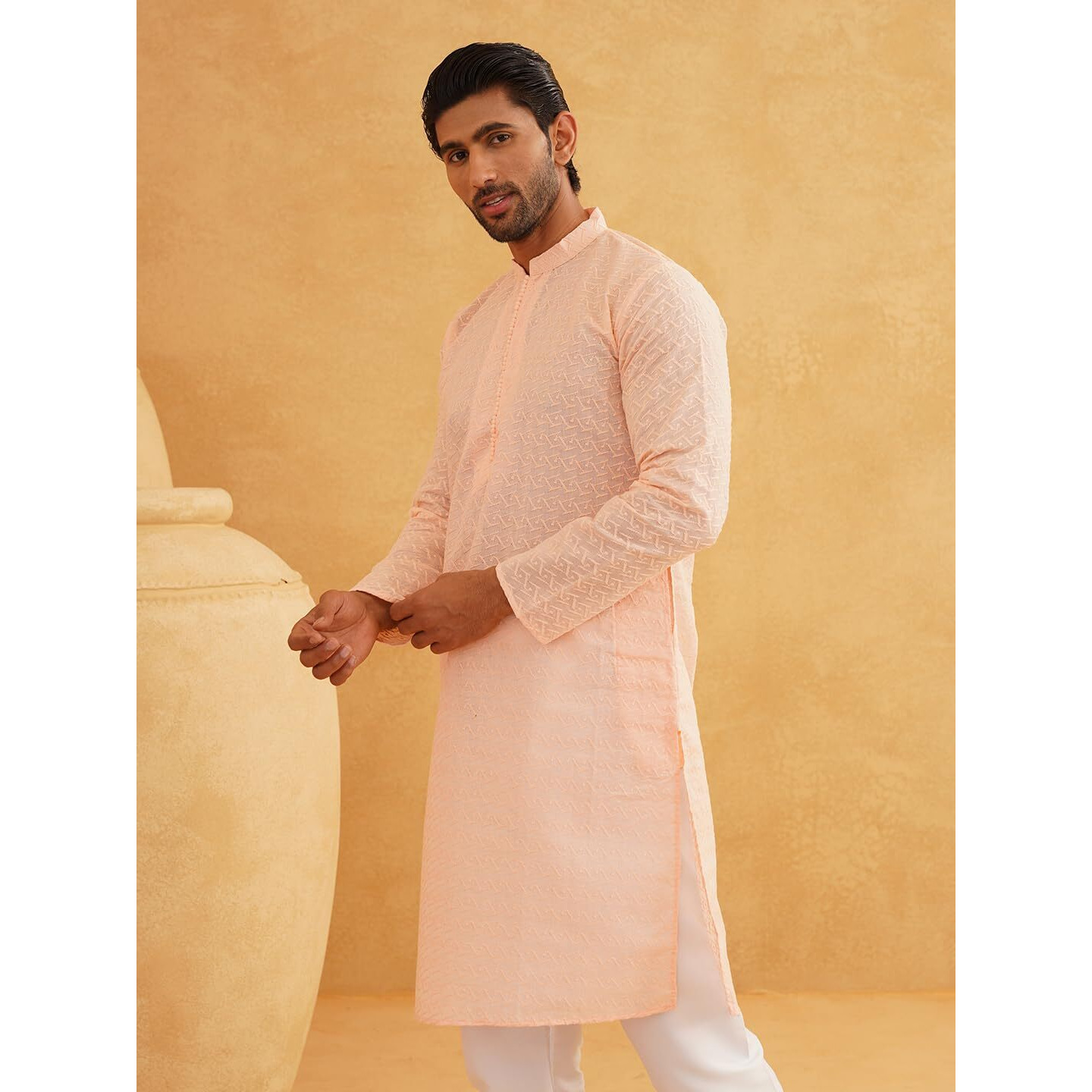 Sojanya (Since 1958 Festive Heritage Elegant Chikankari Peach Kurta For Men