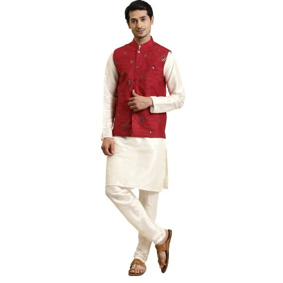 Sojanya (Since 1958 Men's Silk Blend Cream Kurta & Churidaar Pyjama With Mirror Work Nehru Jacket Set