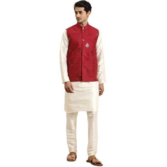 Sojanya (Since 1958 Men's Silk Blend Cream Kurta & Churidaar Pyjama With Mirror Work Nehru Jacket Set
