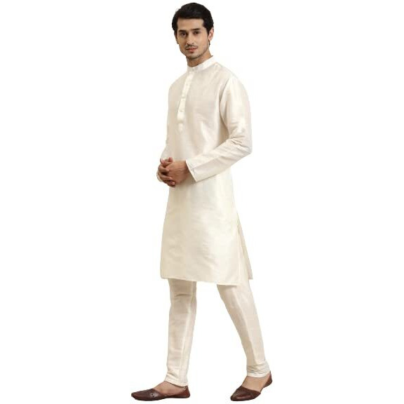Sojanya (Since 1958 Men's Silk Blend Cream Kurta & Churidaar Pyjama With Mirror Work Nehru Jacket Set
