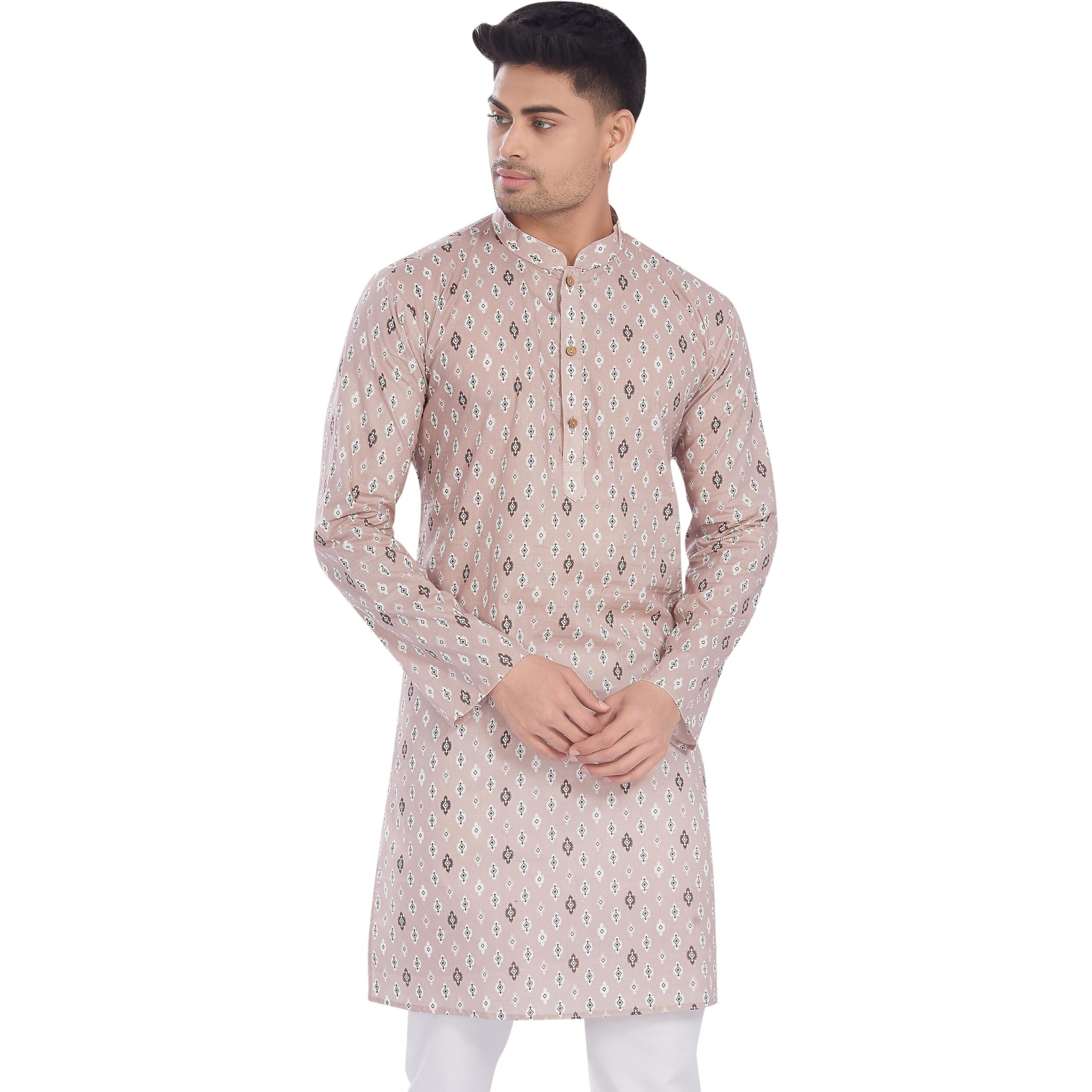 Divisive Men's Ethnic Block Printed Soft Pure Cotton Only Slim Fit Kurta (Dkrt654_L_Bisque)