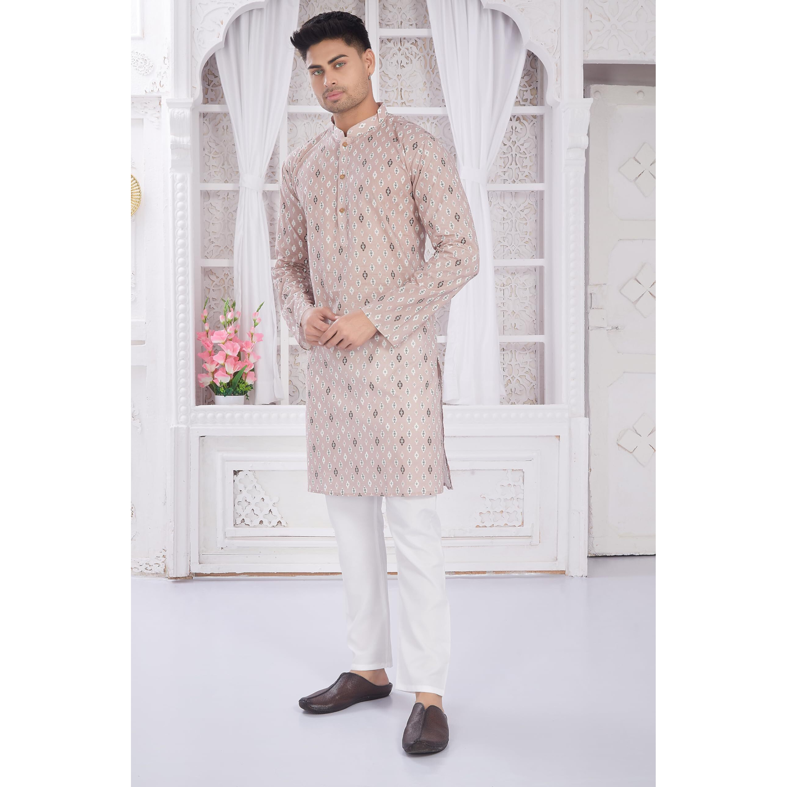 Divisive Men's Ethnic Block Printed Soft Pure Cotton Only Slim Fit Kurta (Dkrt654_L_Bisque)