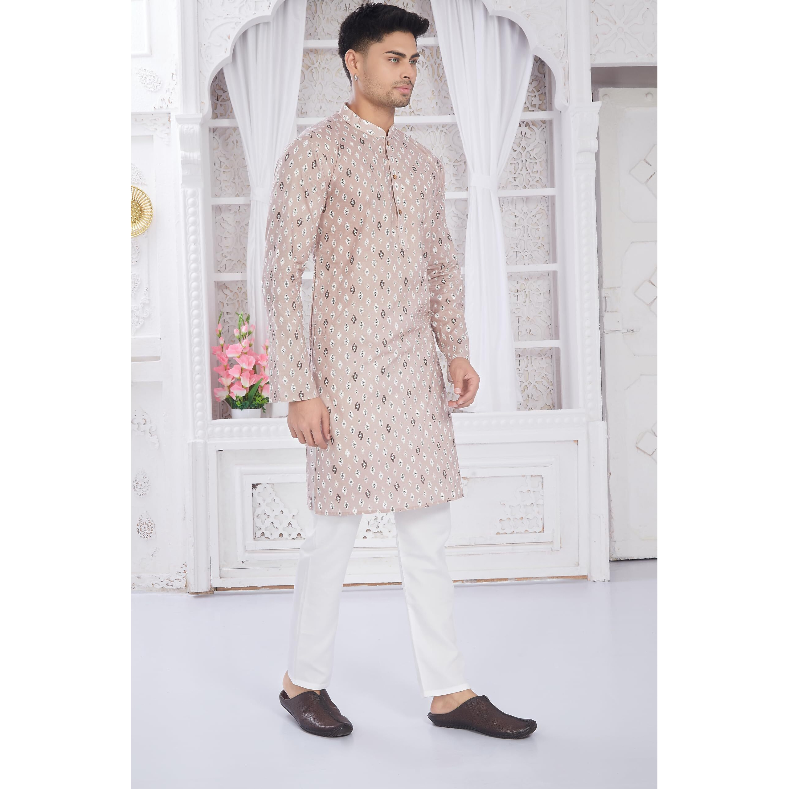Divisive Men's Ethnic Block Printed Soft Pure Cotton Only Slim Fit Kurta (Dkrt654_L_Bisque)