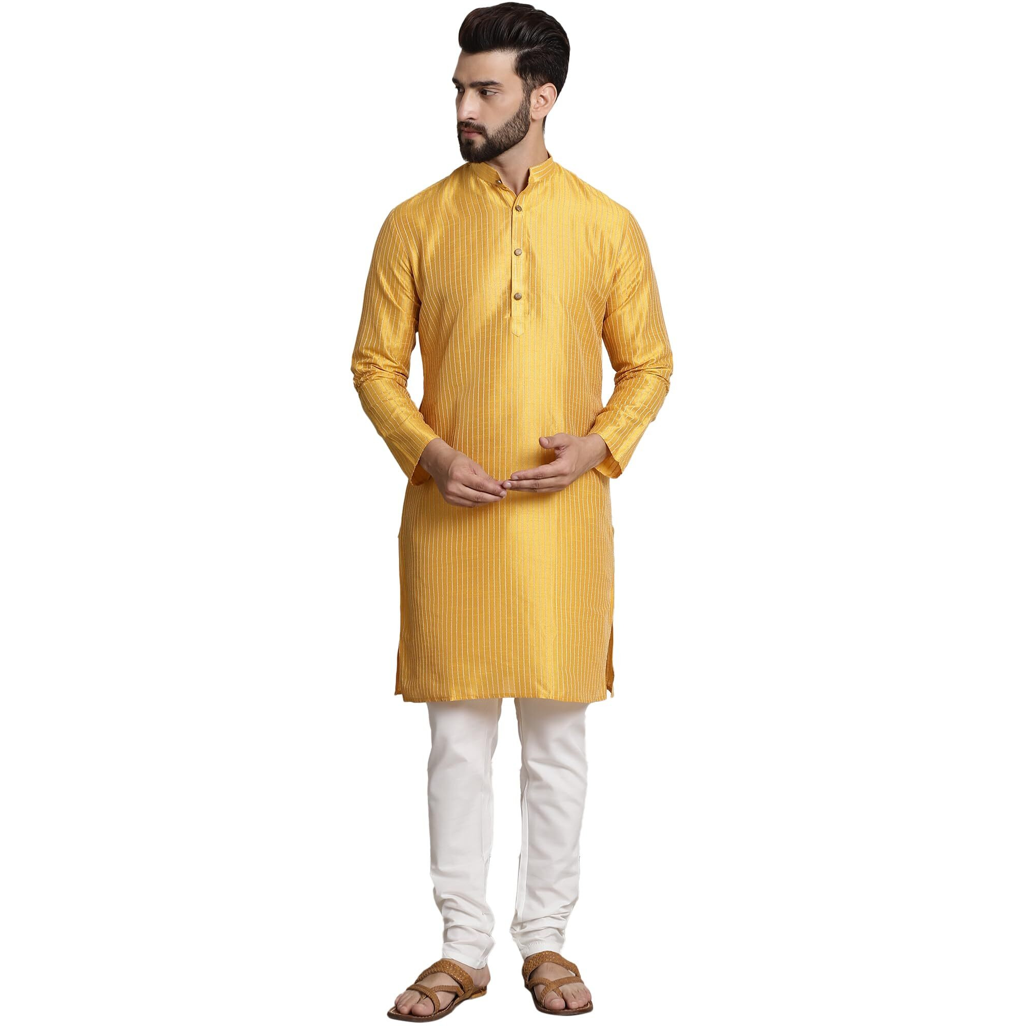 Sojanya (Since 1958 Men's Silk Blend Mustard Pintex Kurta And White Churidar Pyjama Set