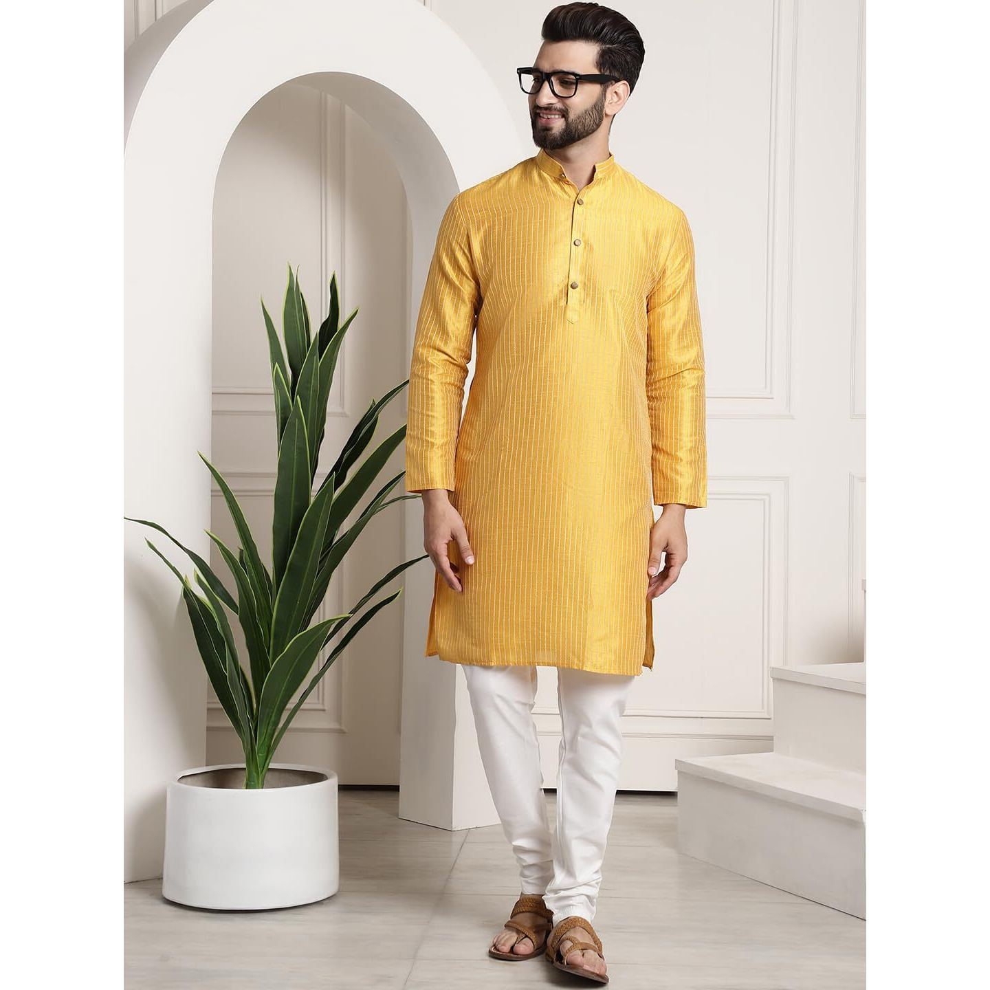 Sojanya (Since 1958 Men's Silk Blend Mustard Pintex Kurta And White Churidar Pyjama Set