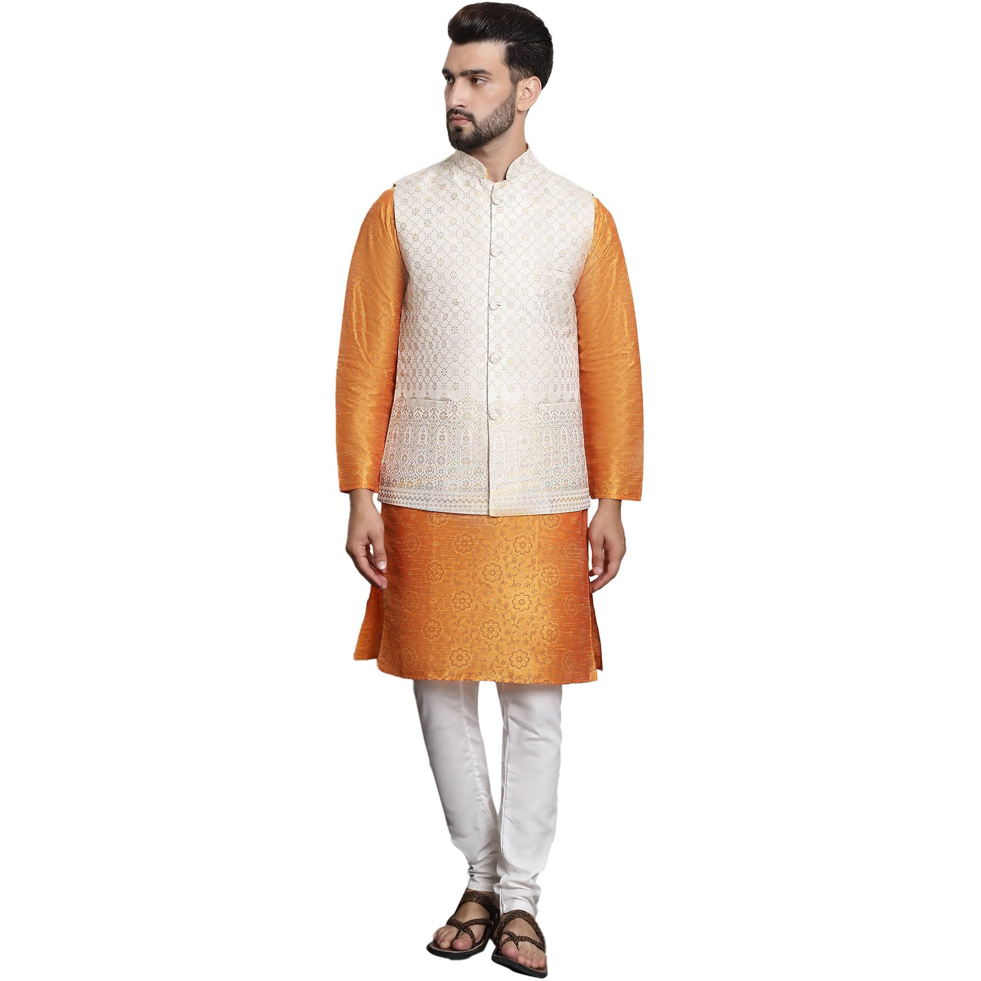 Sojanya (Since 1958 Men's Silk Blend Print Orange Kurta And Cream Pyjama With Cream Nehru Jacket
