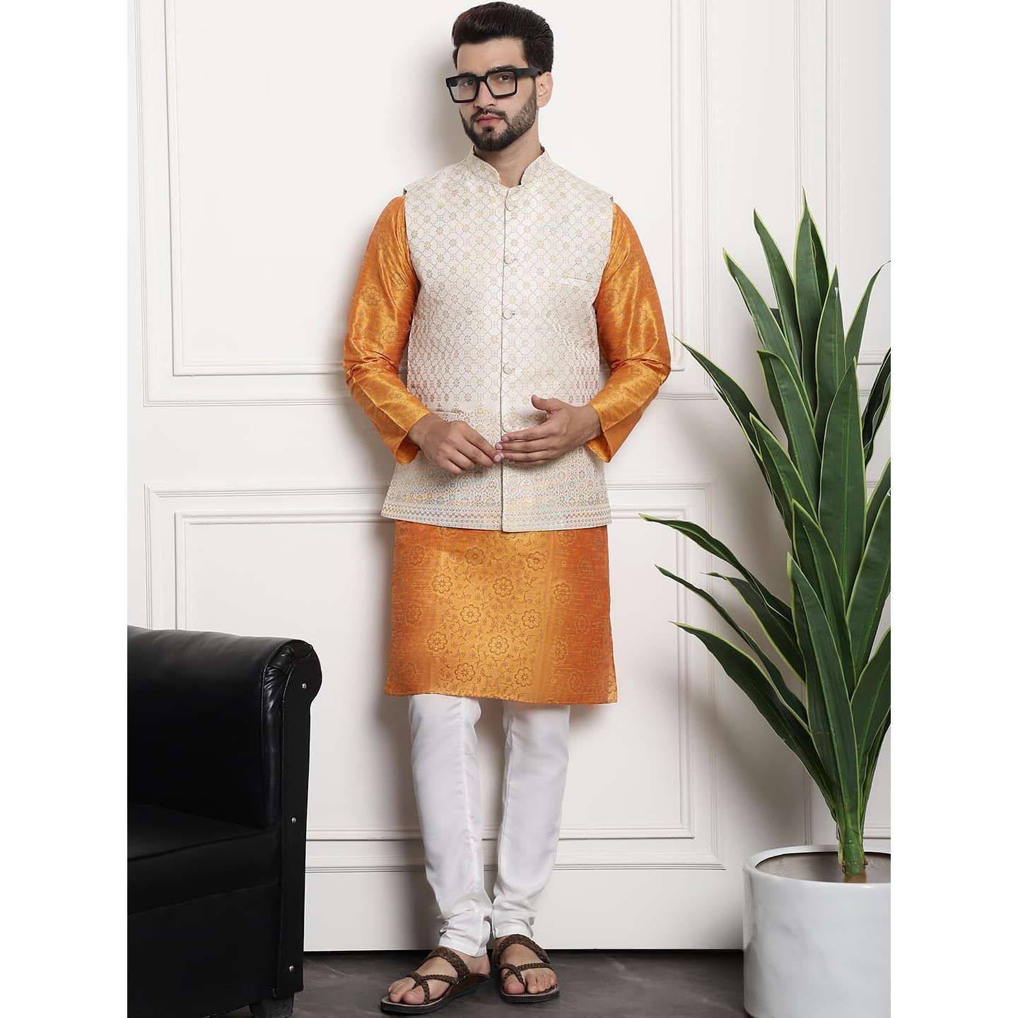 Sojanya (Since 1958 Men's Silk Blend Print Orange Kurta And Cream Pyjama With Cream Nehru Jacket