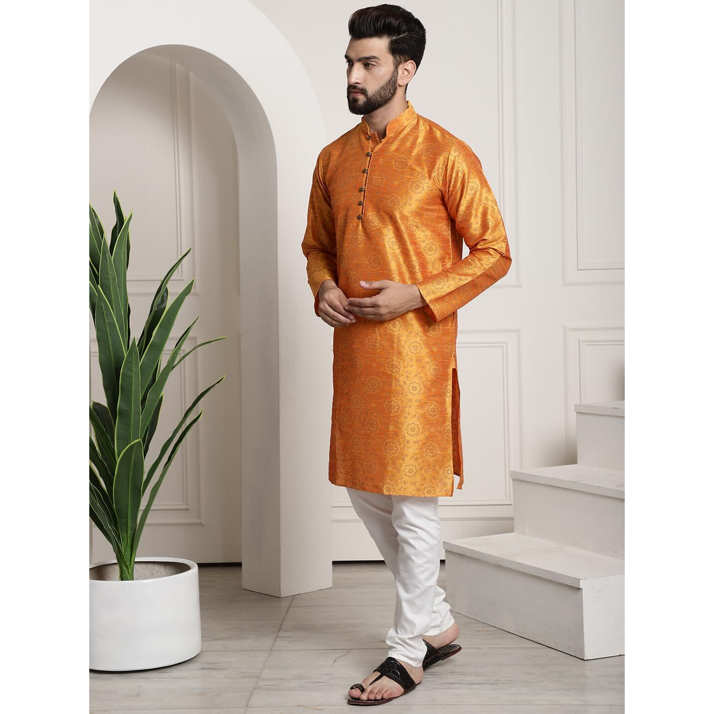 Sojanya (Since 1958 Men's Silk Blend Print Orange Kurta And Cream Pyjama With Cream Nehru Jacket