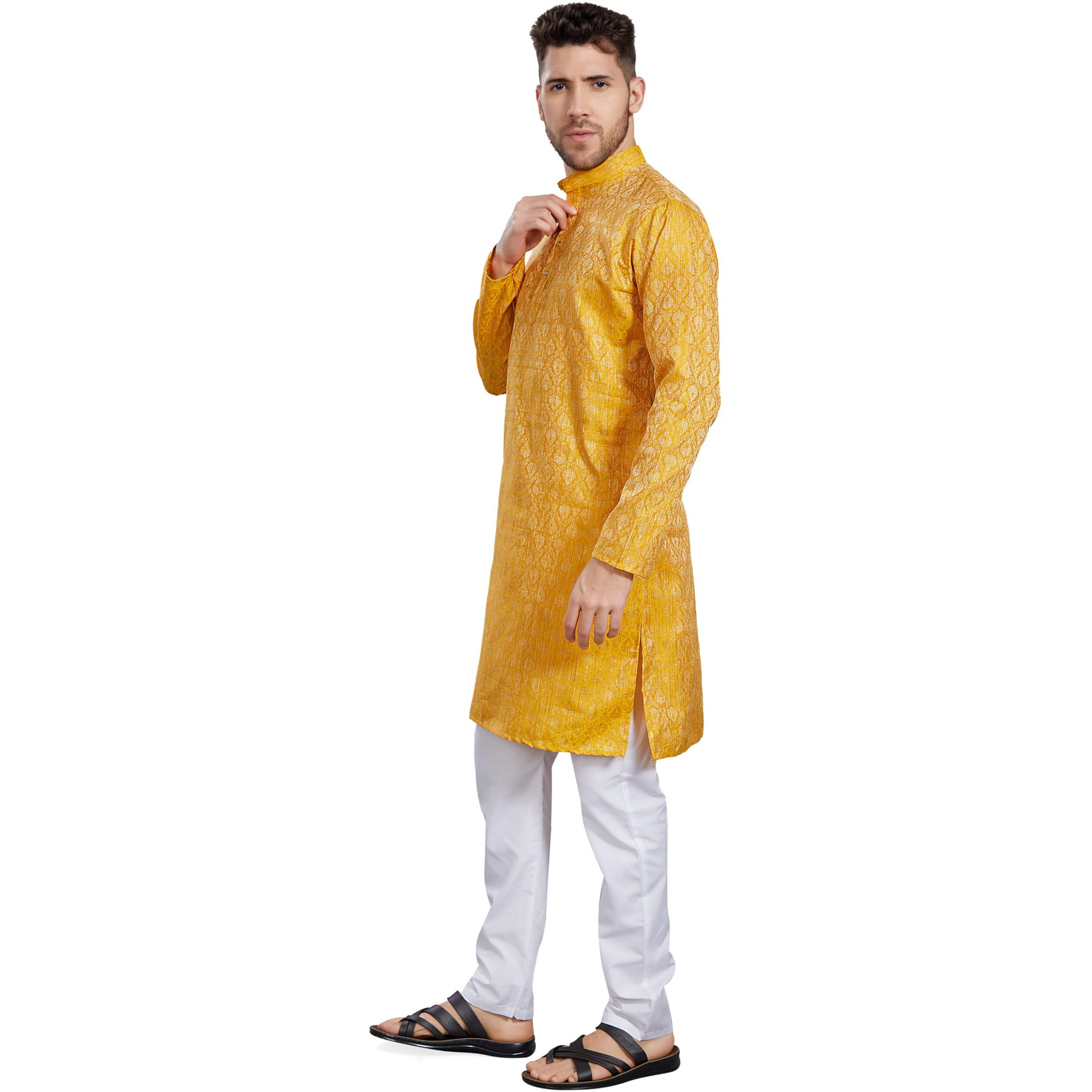Divisive Men's Banarasi Jecquard Silk Blend Only Slim Fit Kurta (Dkrt861_L_Mango)