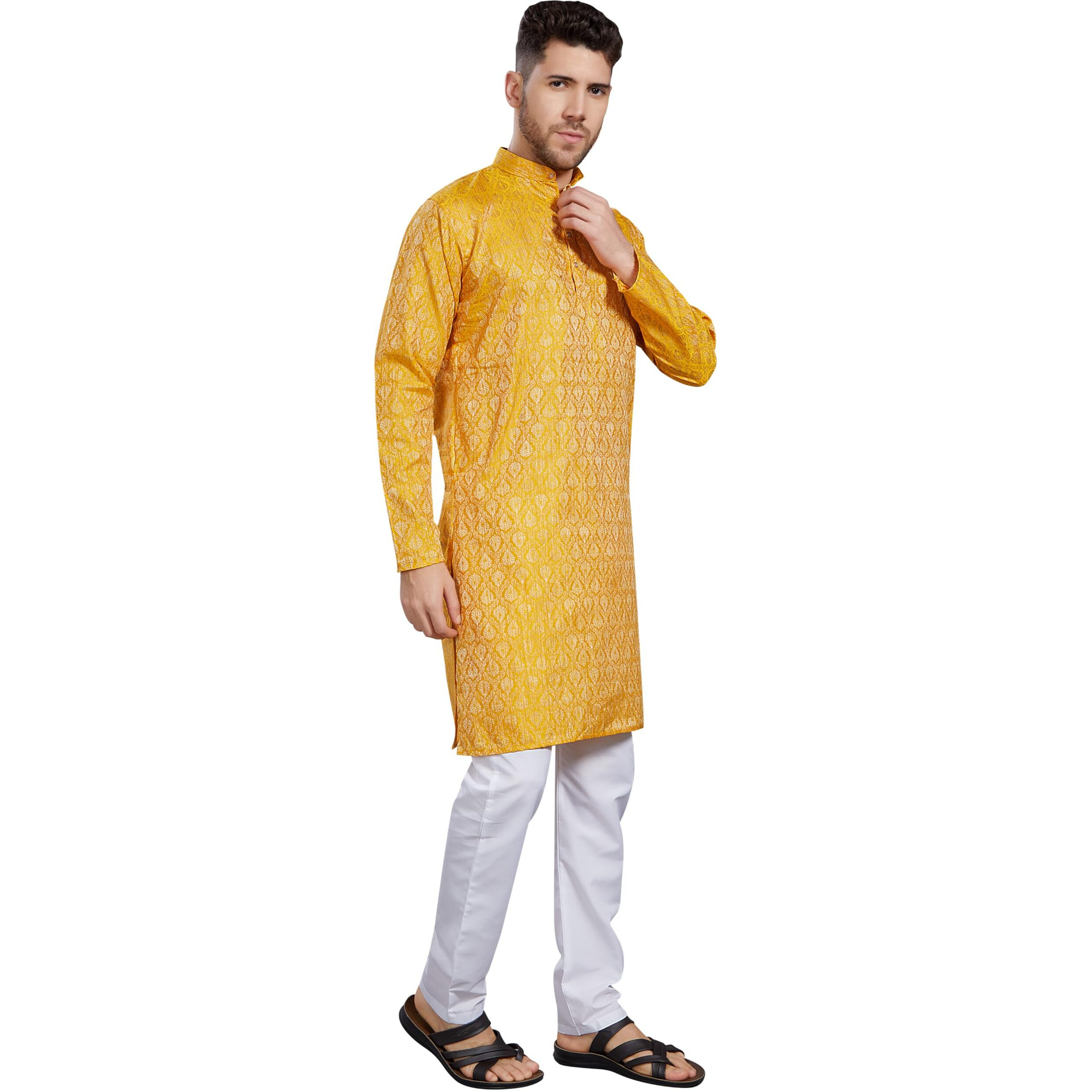 Divisive Men's Banarasi Jecquard Silk Blend Only Slim Fit Kurta (Dkrt861_L_Mango)