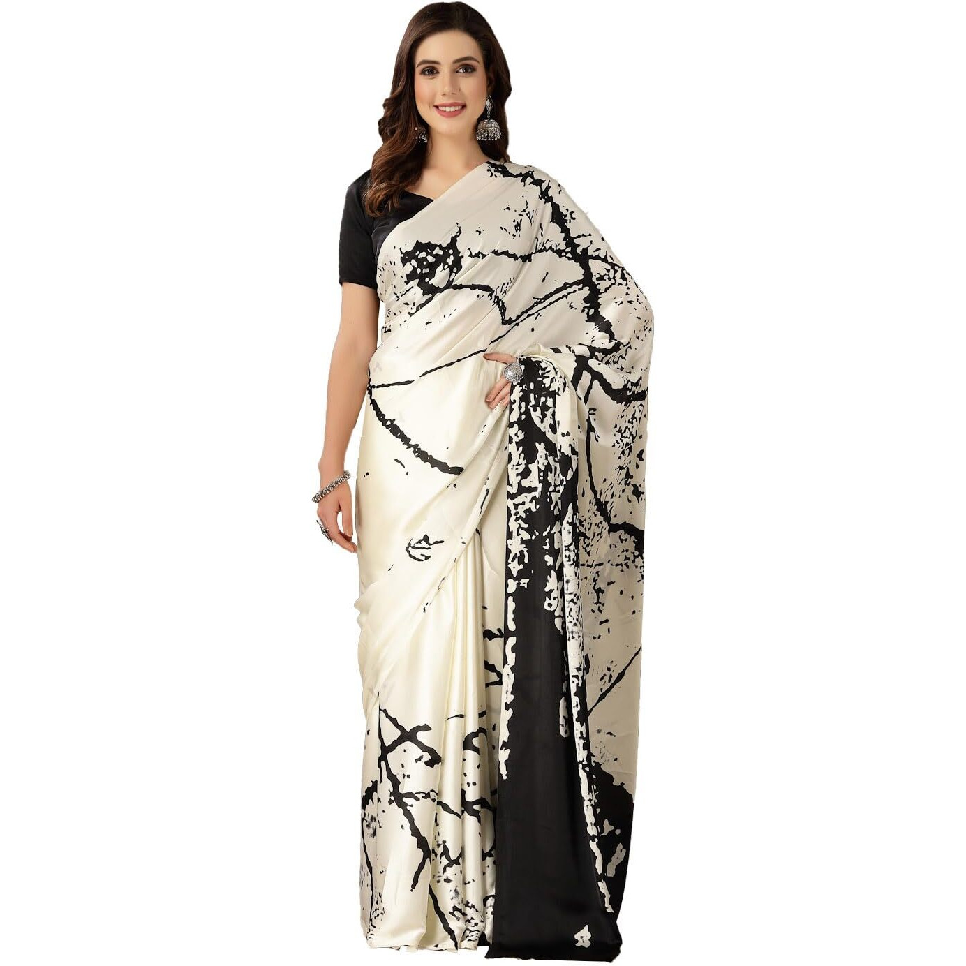 Stylum Women's Tie & Dye Print Satin Saree (Offwhiteshakira_Off White)