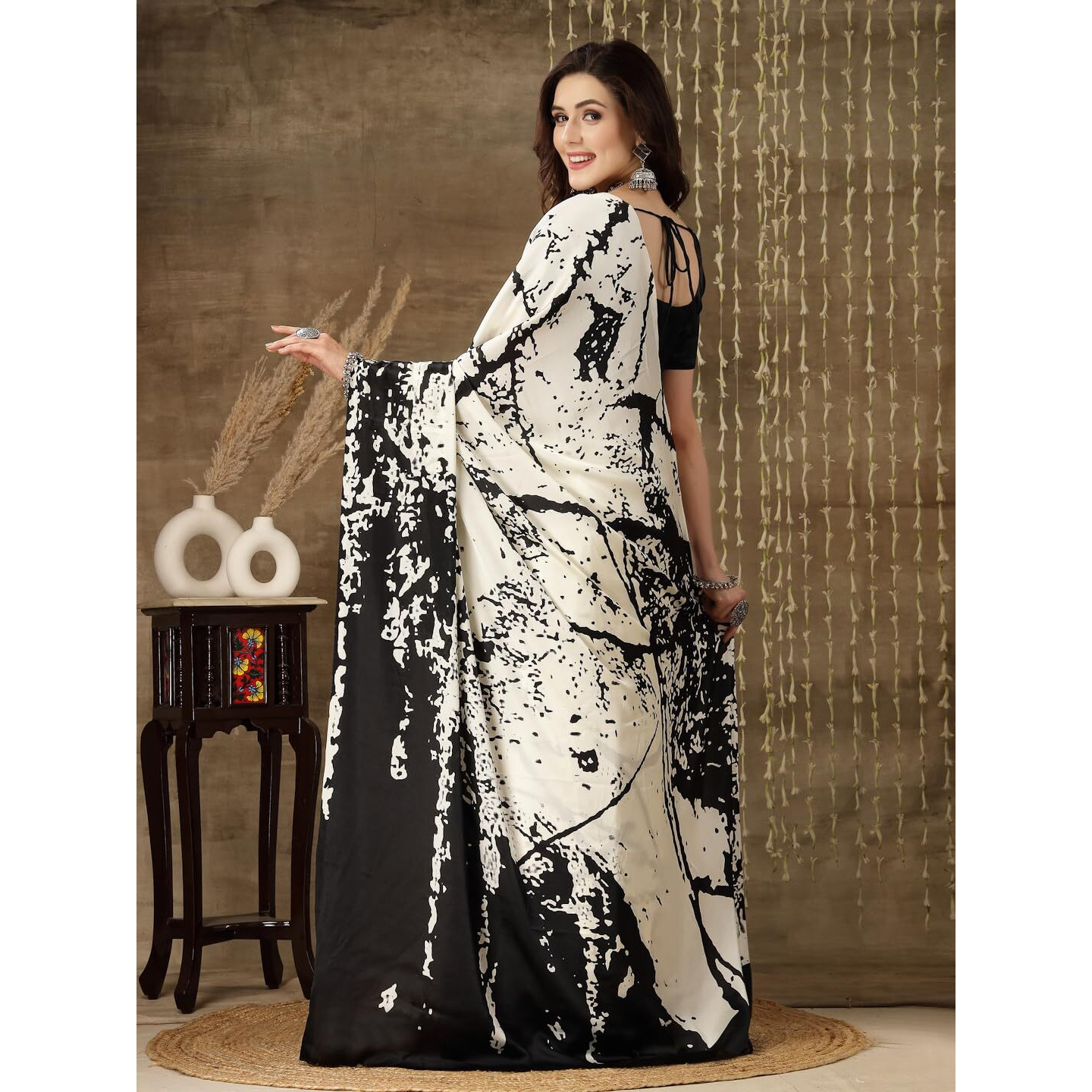 Stylum Women's Tie & Dye Print Satin Saree (Offwhiteshakira_Off White)