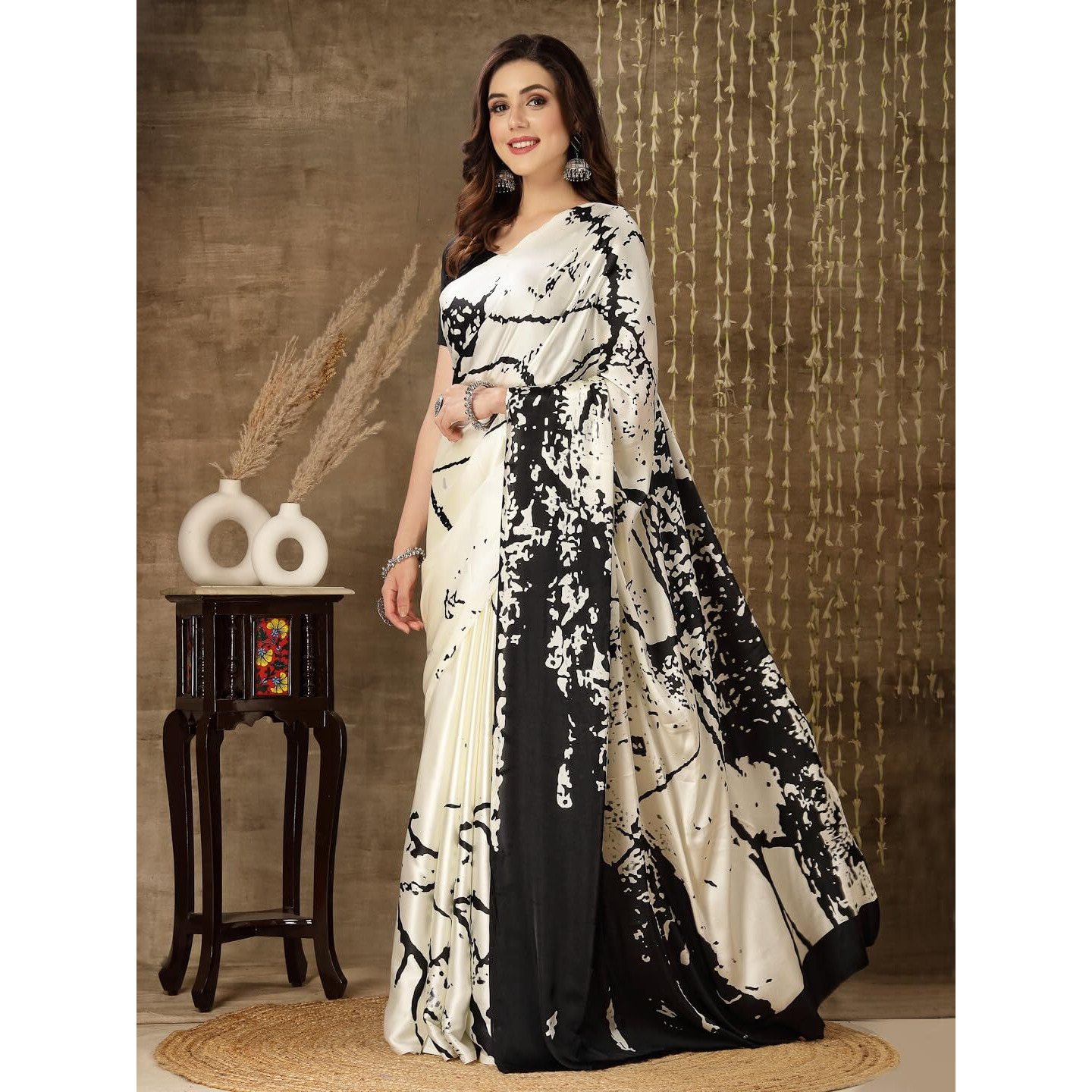 Stylum Women's Tie & Dye Print Satin Saree (Offwhiteshakira_Off White)