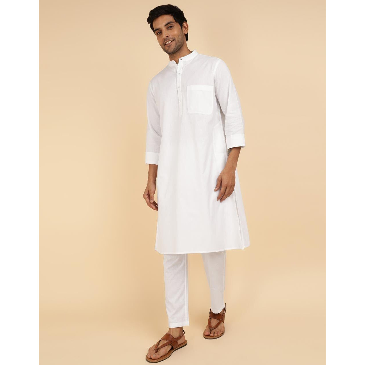 Fabindia Men's Cotton Woven Relaxed Kurta Set (1039311White_White