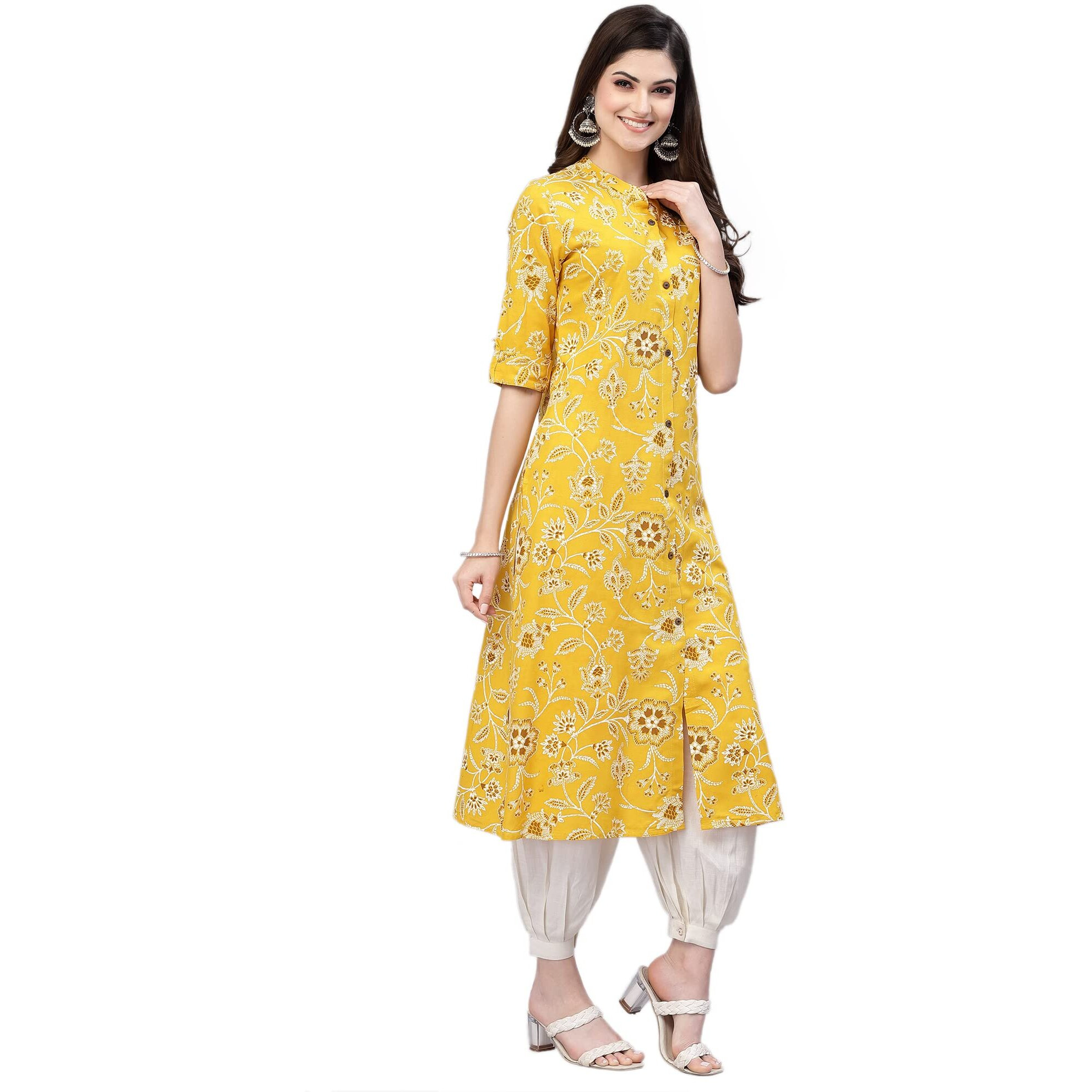 Stylum Women's Floral Print Rayon A-Line Kurta (Fionamustard42_Mustard, Xl)