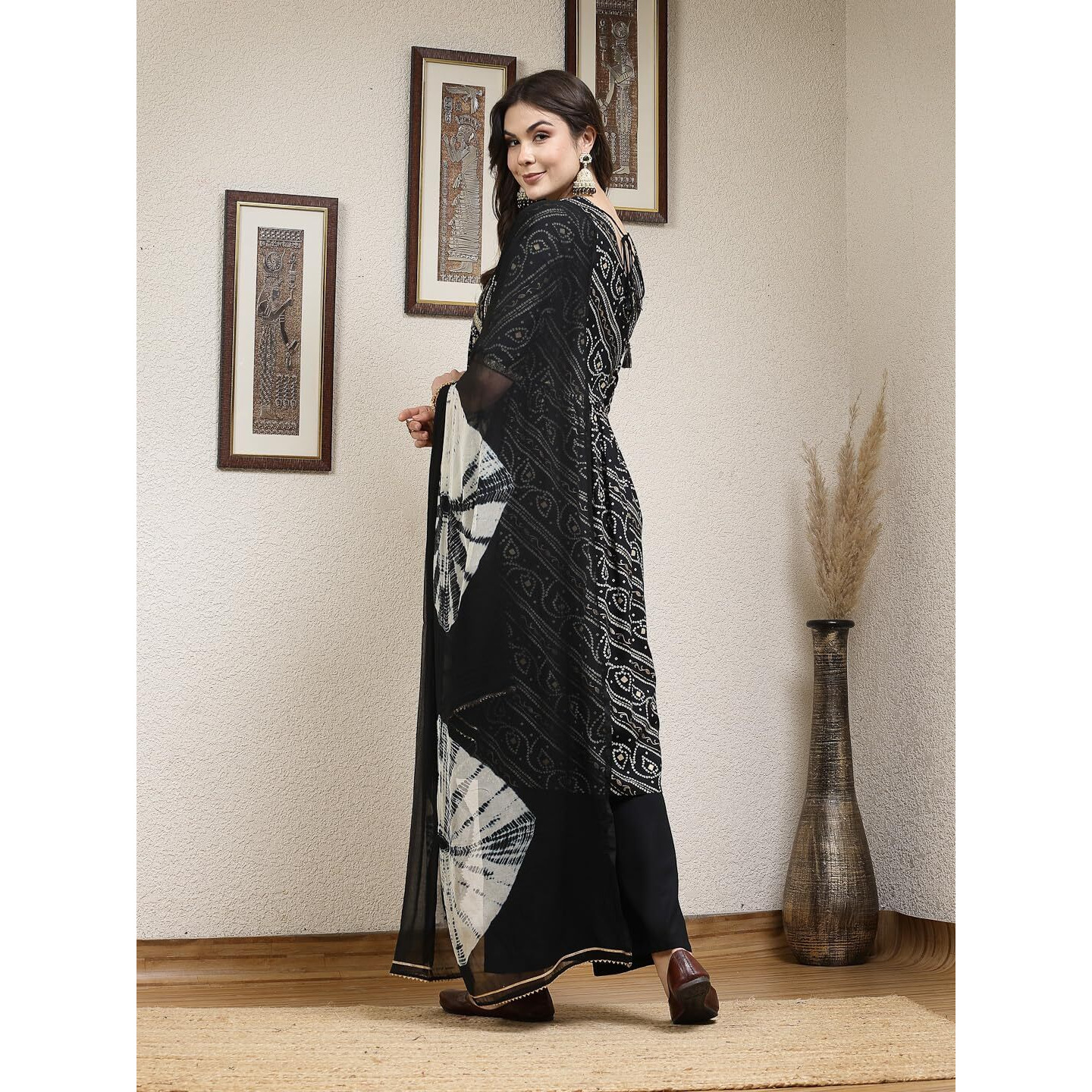 Stylum Women's Bandhej Printed Rayon Naira Cut Kurta Palazzo Dupatta Set (Kpdblackcharli38_Black, M)