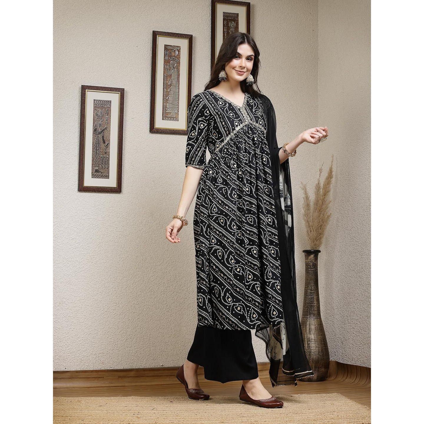Stylum Women's Bandhej Printed Rayon Naira Cut Kurta Palazzo Dupatta Set (Kpdblackcharli38_Black, M)